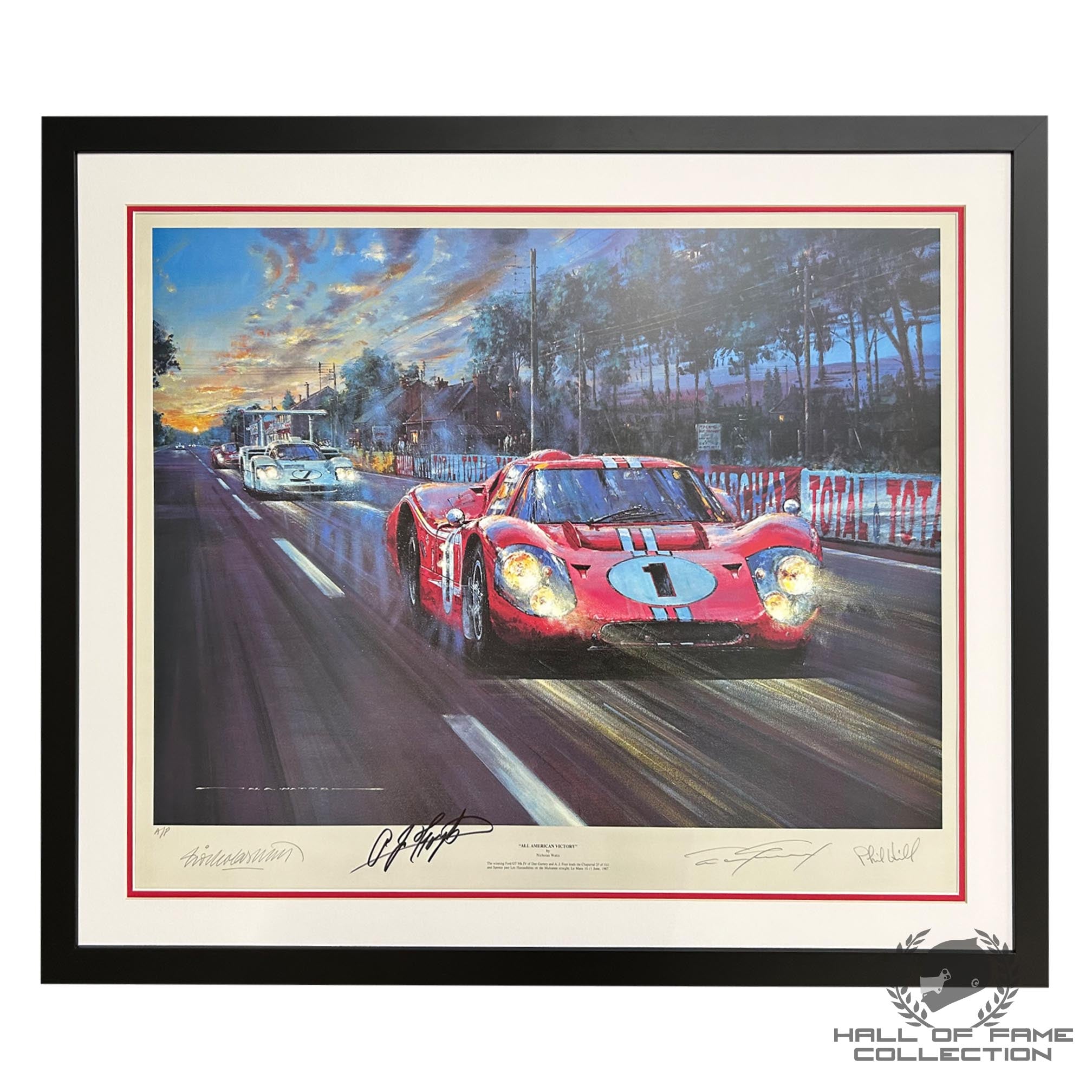 1967 A.J Foyt, Dan Gurney & Phill Hill Signed 'All American Victory' Framed Le Mans Print