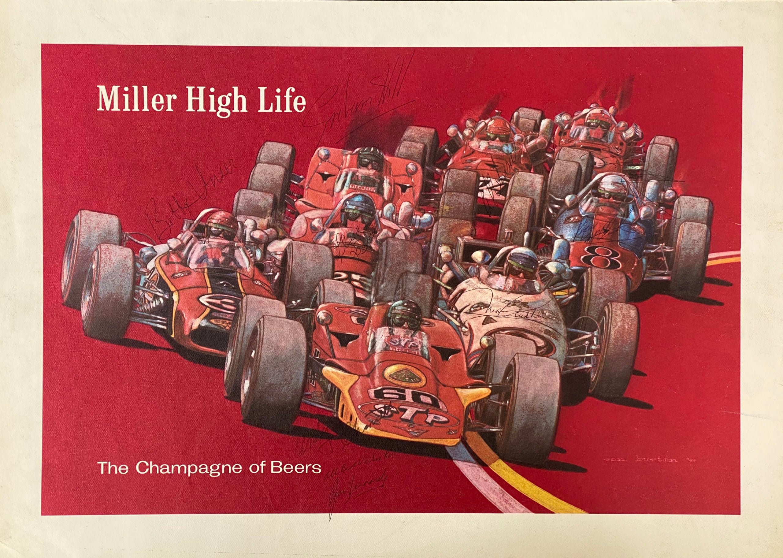 1968 Hill / Andretti / Unser / Foyt Signed Indy 500 Start Original Ron Burton 18 x 25 Print