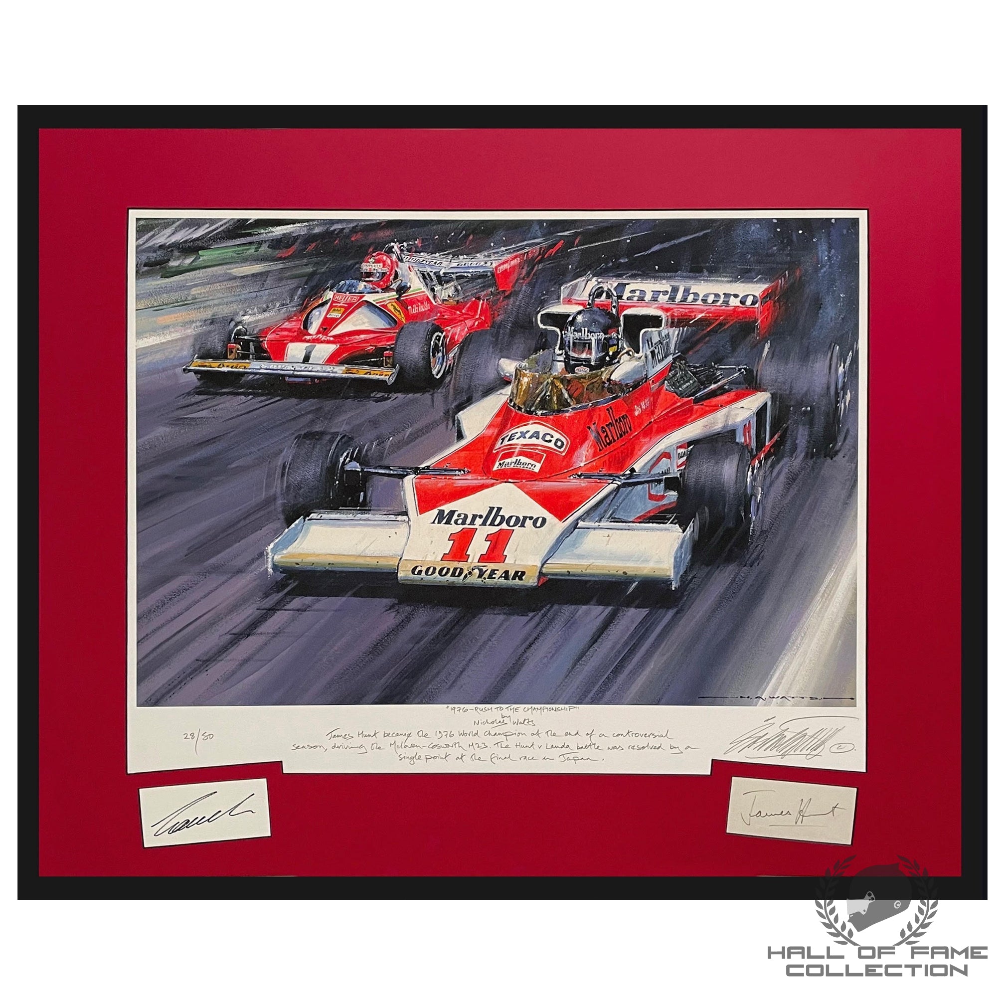 1976 'Rush to the Championship' Signed and Framed by Niki Lauda and James Hunt Print