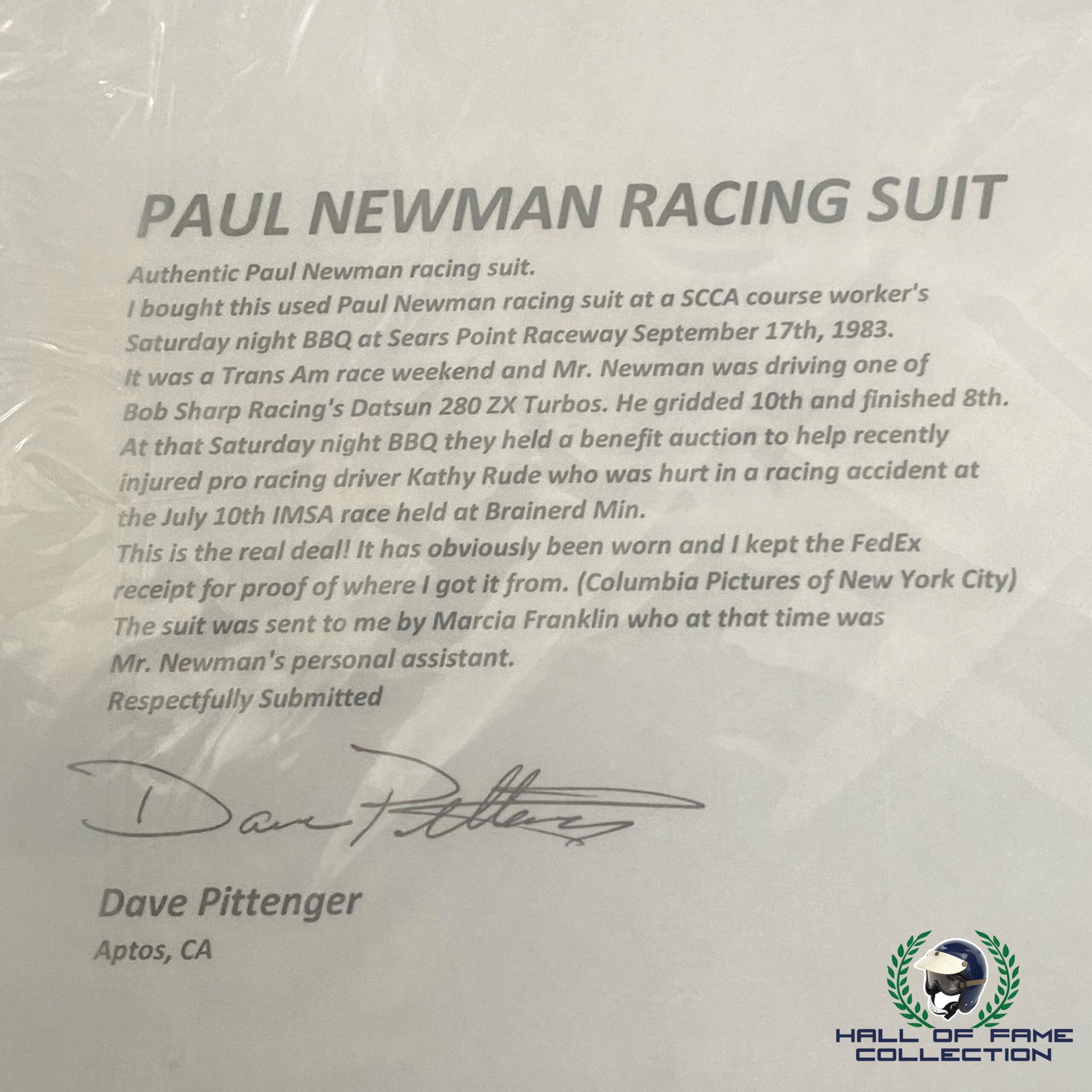 1979 Paul Newman Championship Winning Race Used Bob Sharp Racing SCCA Suit