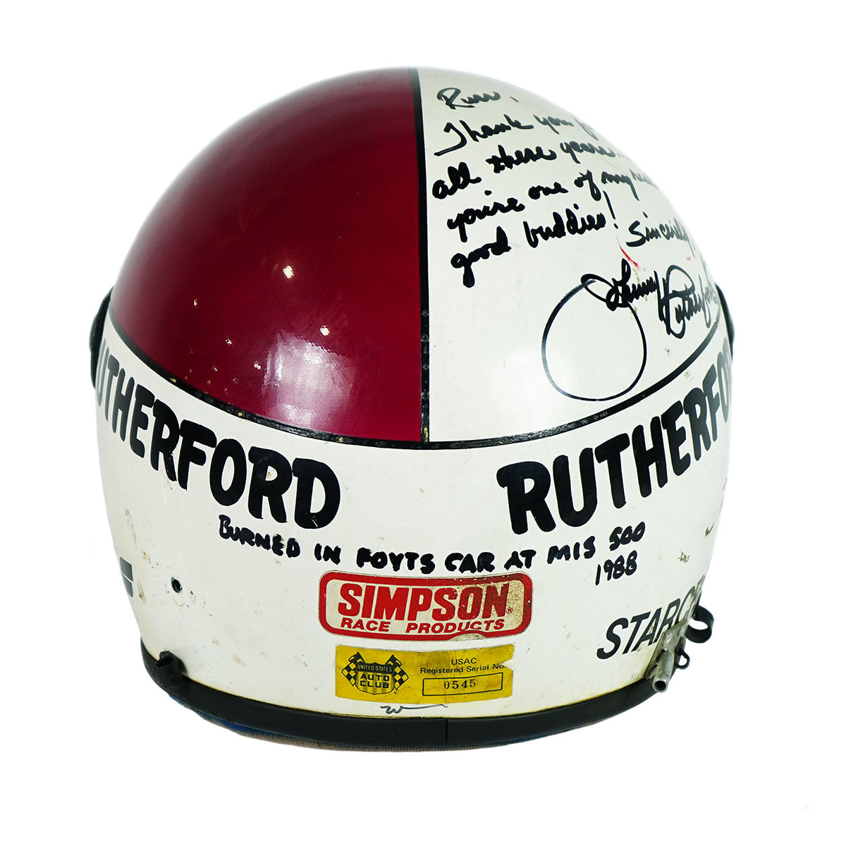 1988 Johnny Rutherford Signed Race Used Indianapolis 500 & Michigan 500 Helmet