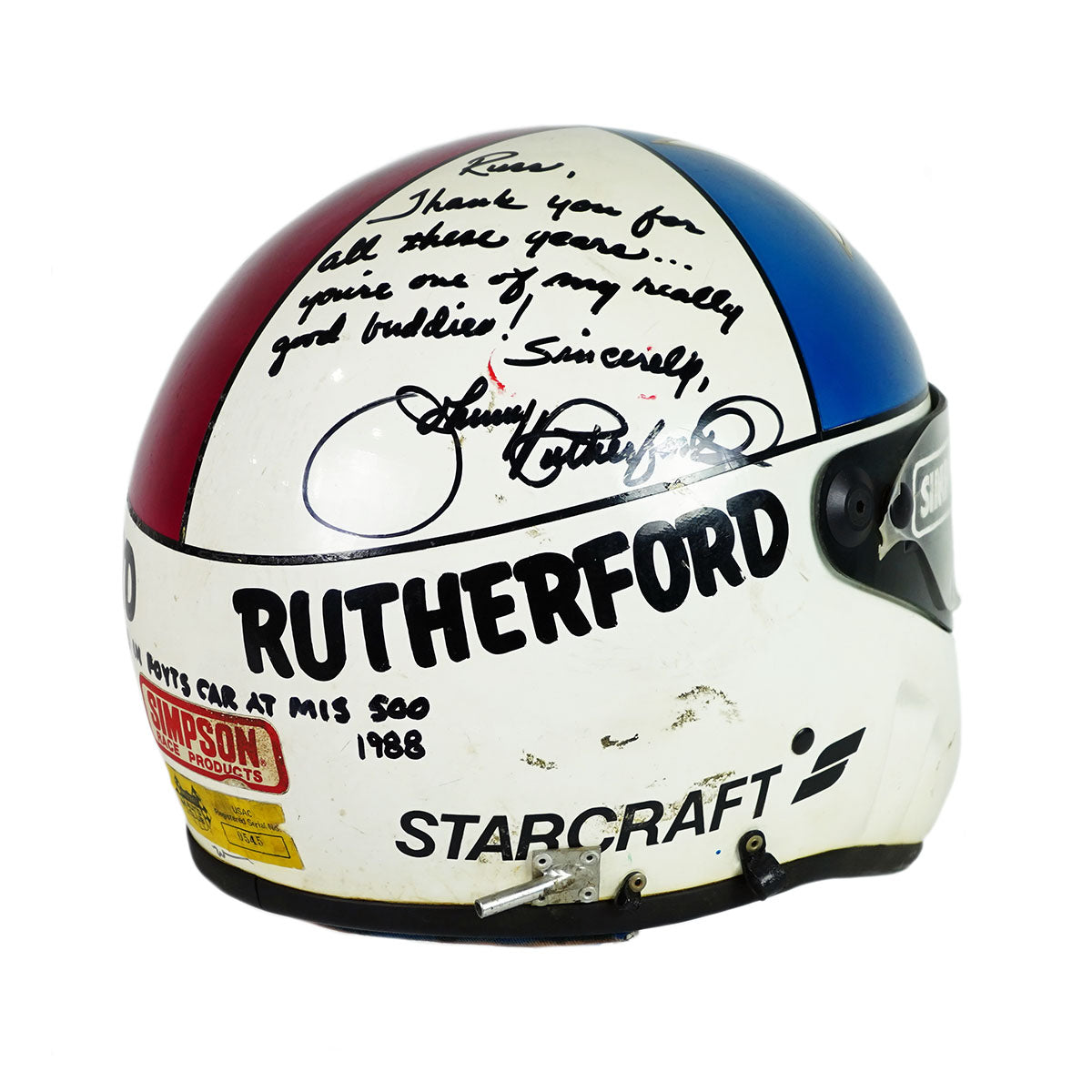 1988 Johnny Rutherford Signed Race Used Indianapolis 500 & Michigan 500 Helmet