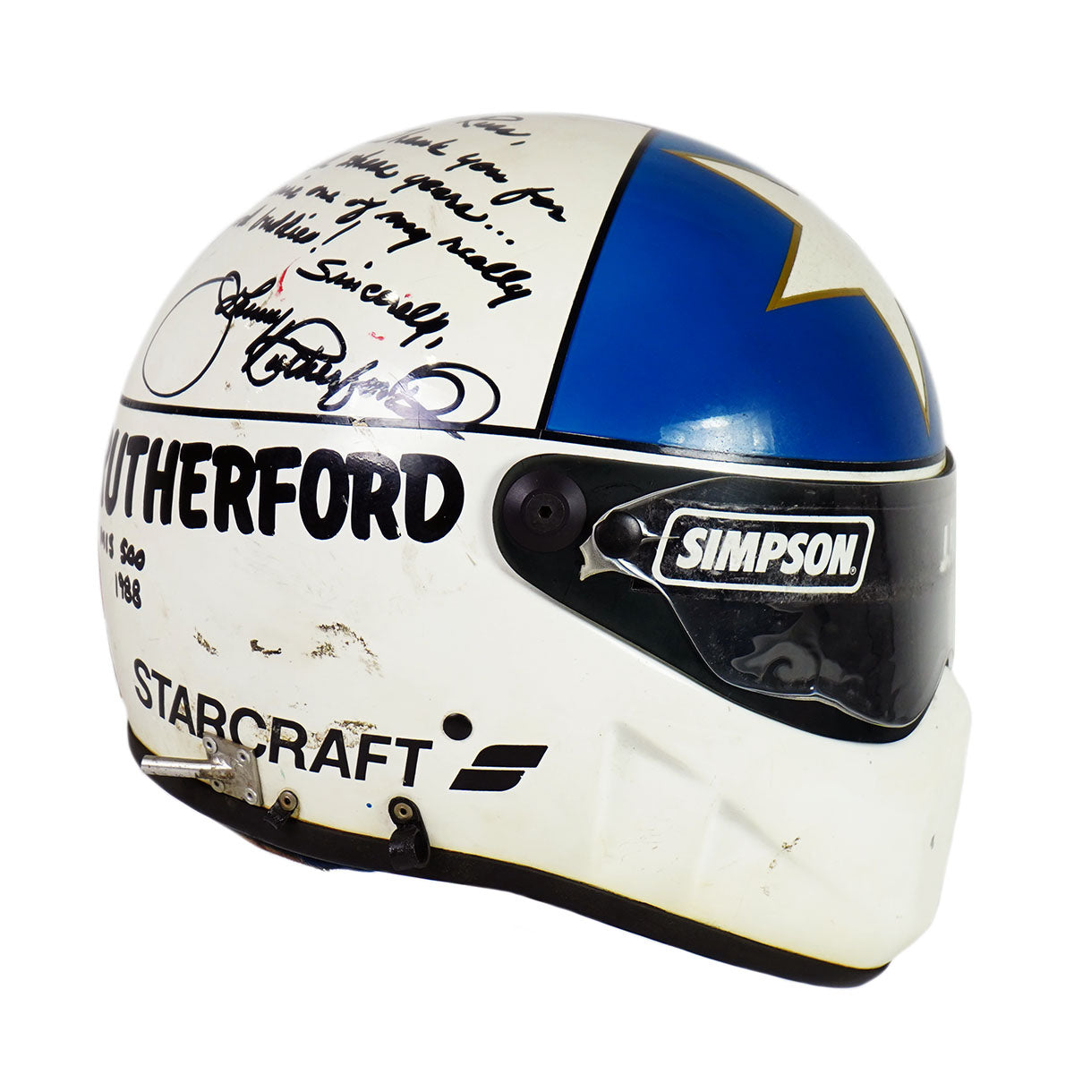 1988 Johnny Rutherford Signed Race Used Indianapolis 500 & Michigan 500 Helmet