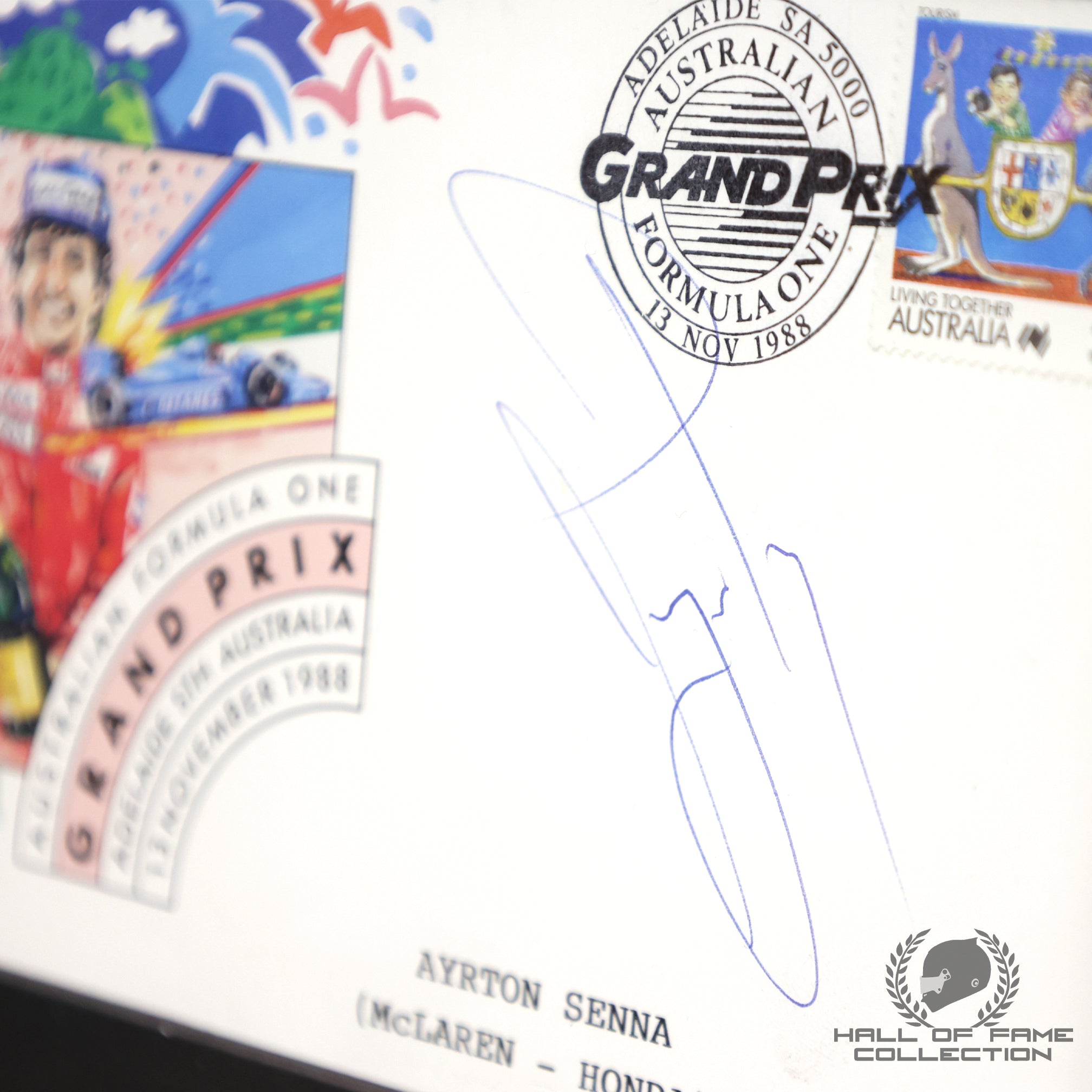 1988 Ayrton Senna Signed Framed Australian GP F1 Envelope With Stamp & Photo