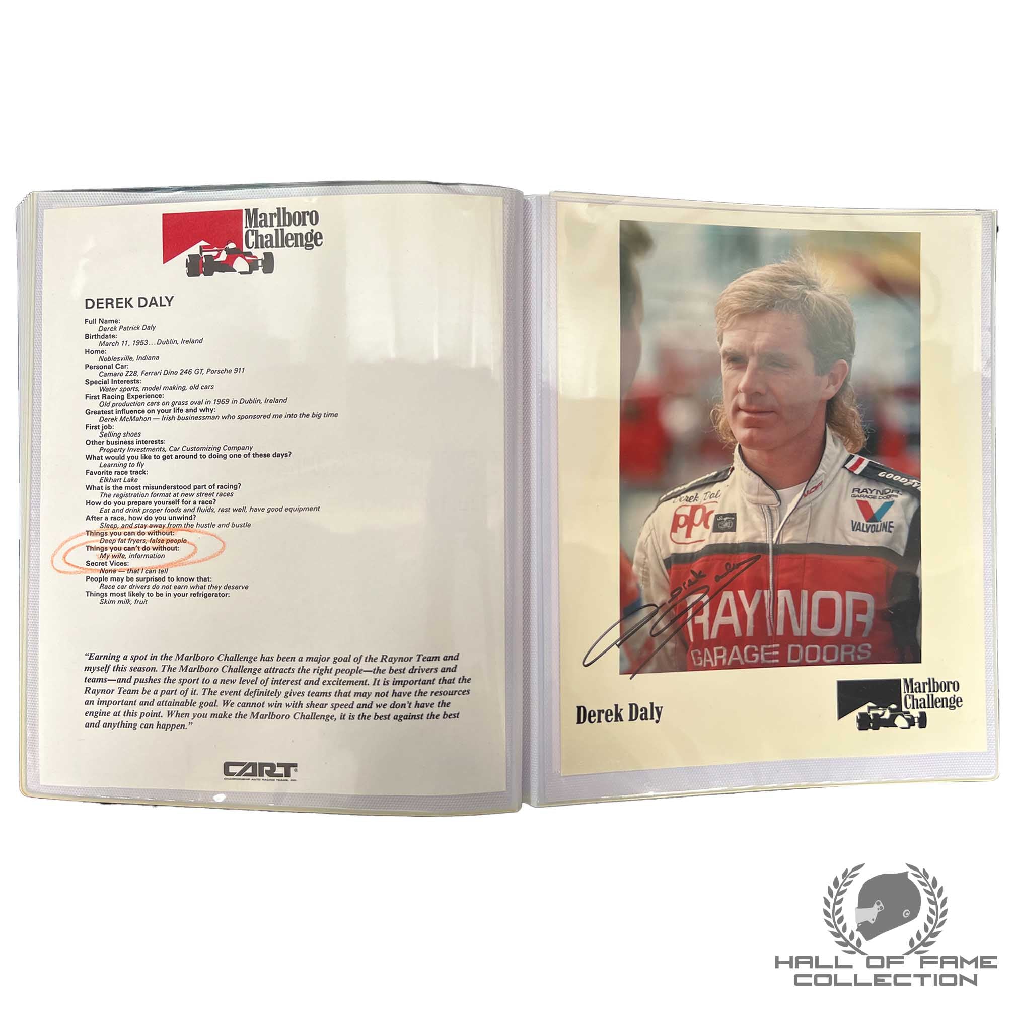 1988 Derek Daly Signed Marlboro Challenge Race Used Raynor Motorsports IndyCar Suit + Media Guide Handbook