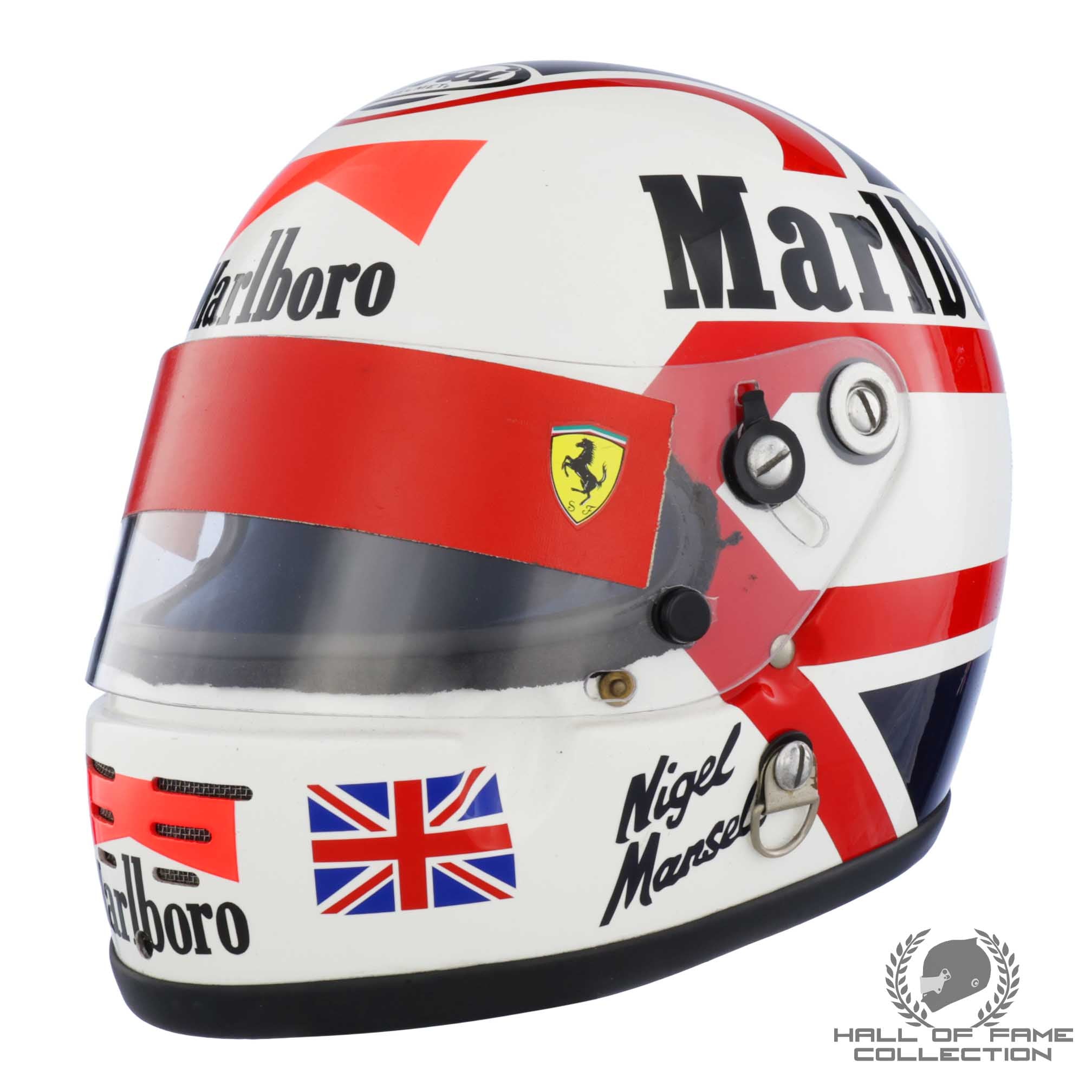 1989/90 Nigel Mansell Race Used USA / Brazil / Monaco Grand Prix Scuderia Ferrari F1 Helmet with Scuderia Ferrari F1 Suit