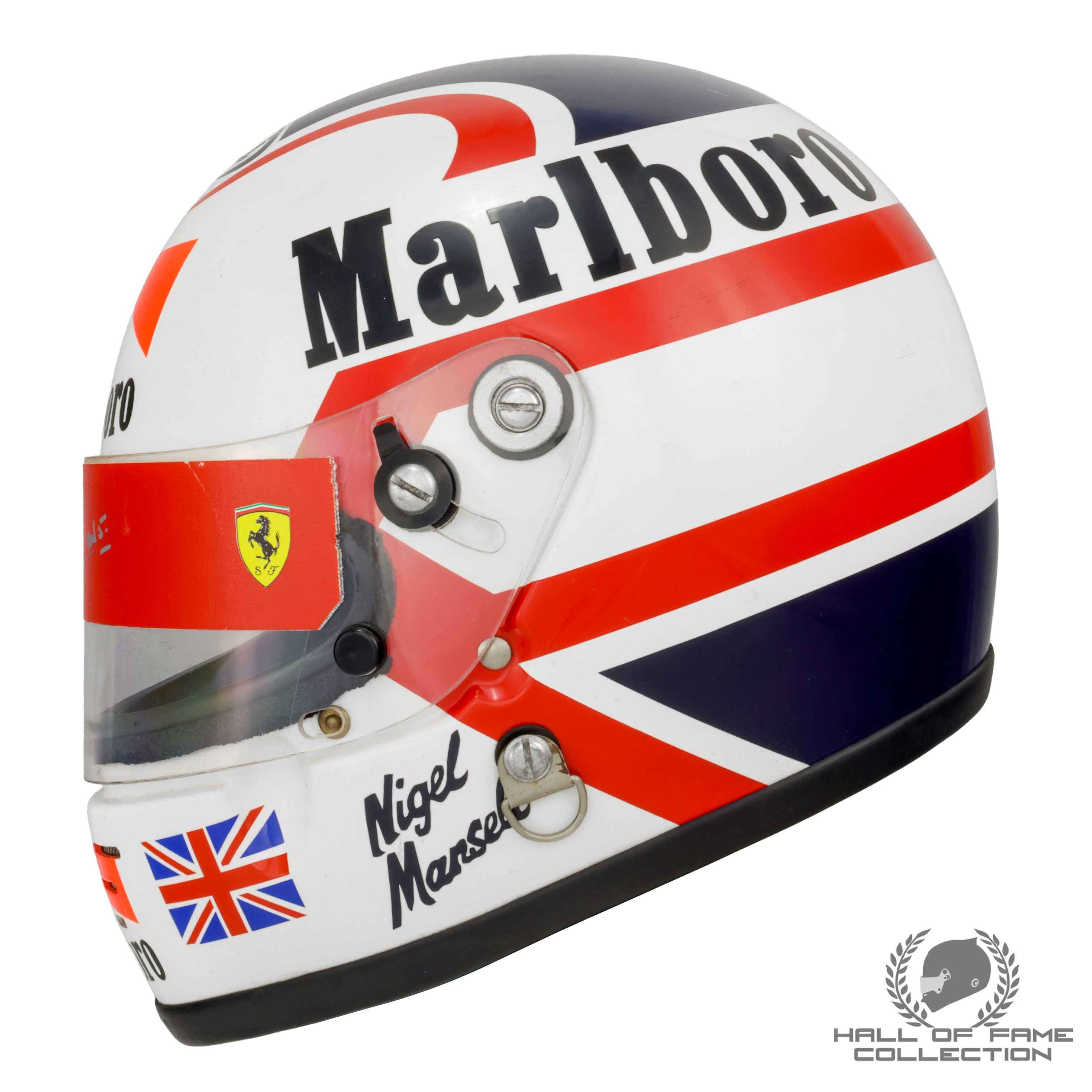 1990 Nigel Mansell Signed Race Used USA / Brazil / Monaco Grand Prix Scuderia Ferrari F1 Helmet