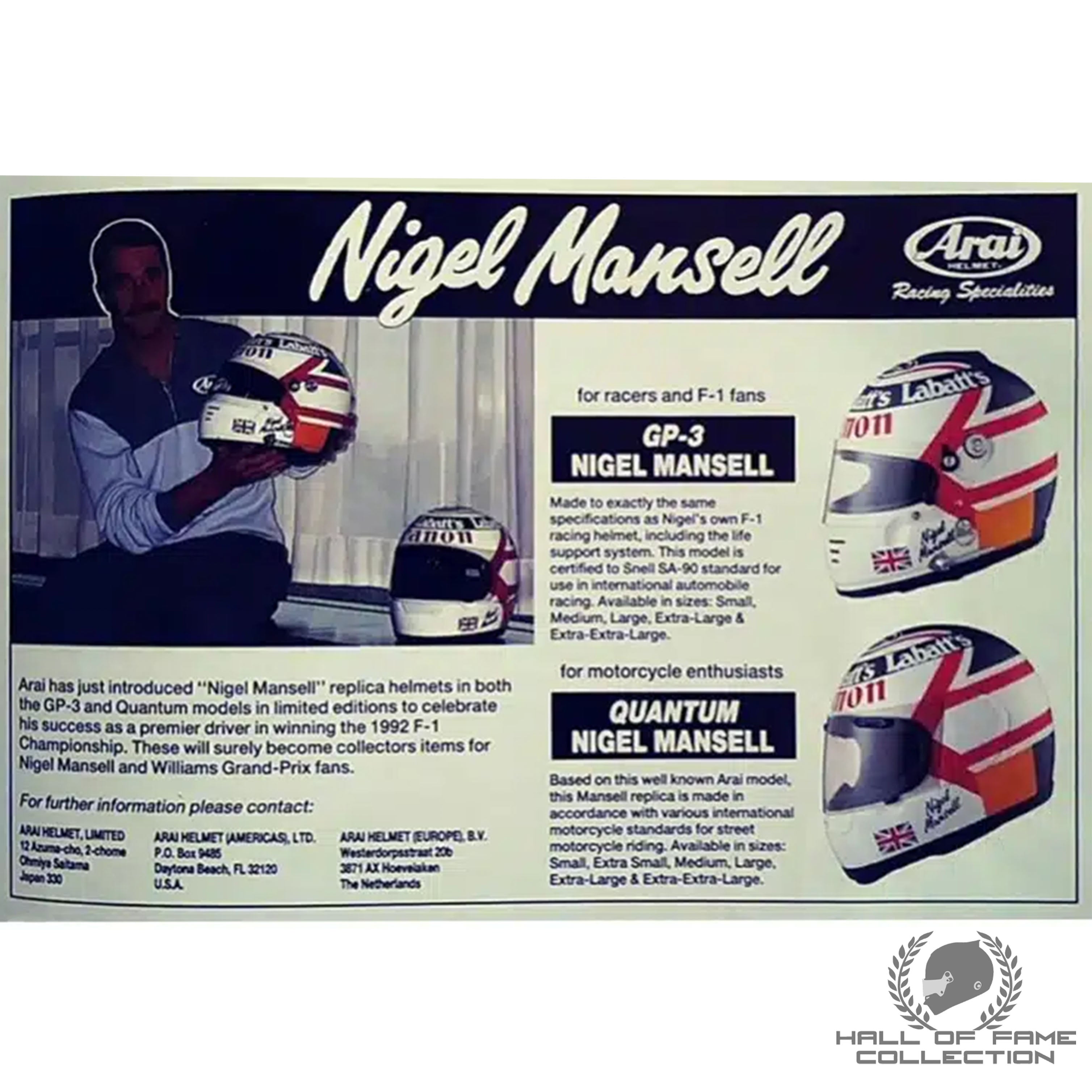 1992 Nigel Mansell Signed Quantum Factory Arai Motorcycle Helmet
