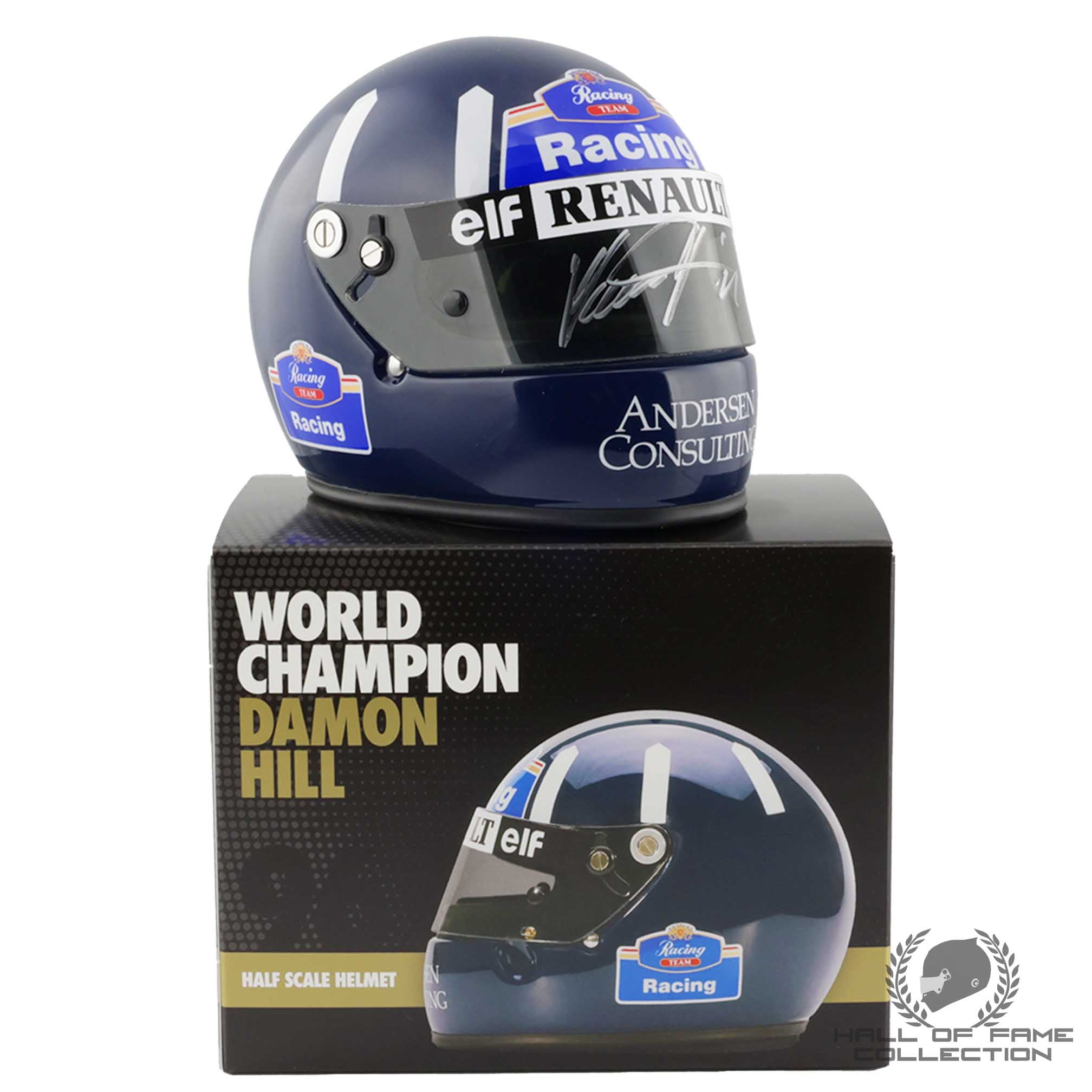 1996 Damon Hill Signed 1/2 Scale Arai Williams Renault World Championship F1 Helmet