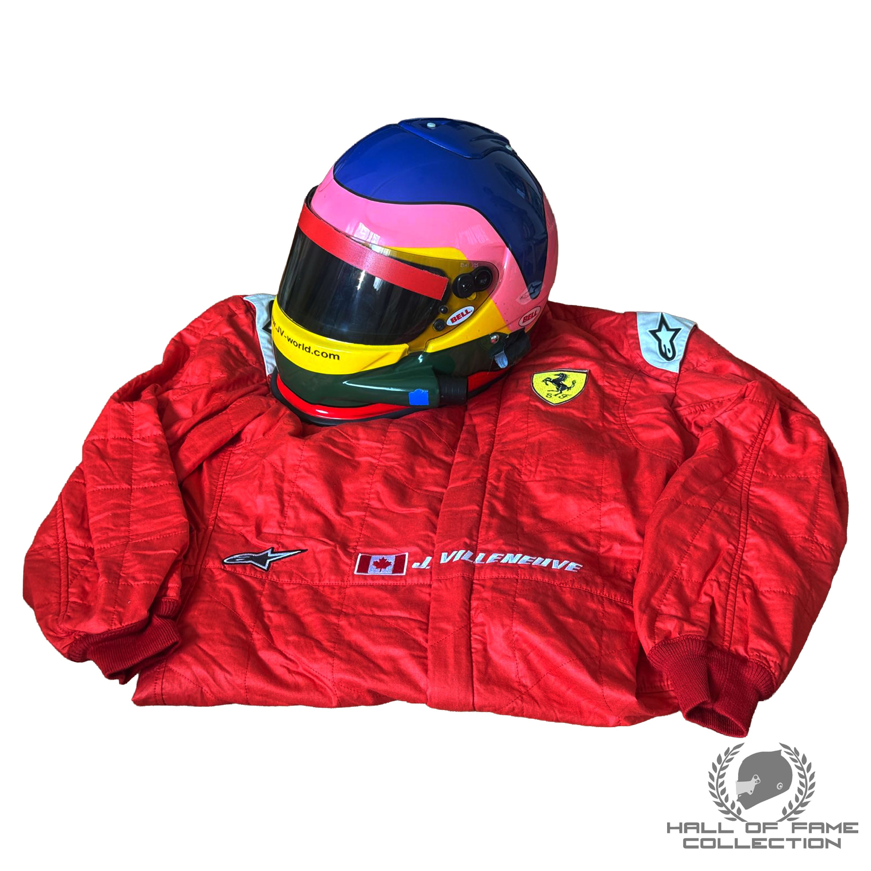 2012 Jacques Villeneuve Signed Used 30th Anniversary Ferrari F1 Suit & Helmet