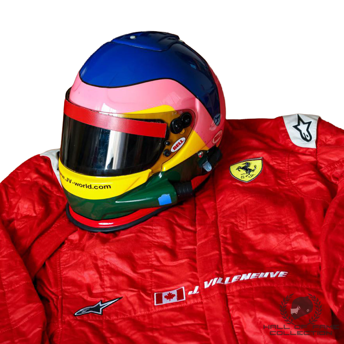 2012 Jacques Villeneuve Signed Used 30th Anniversary Ferrari F1 Suit & Helmet