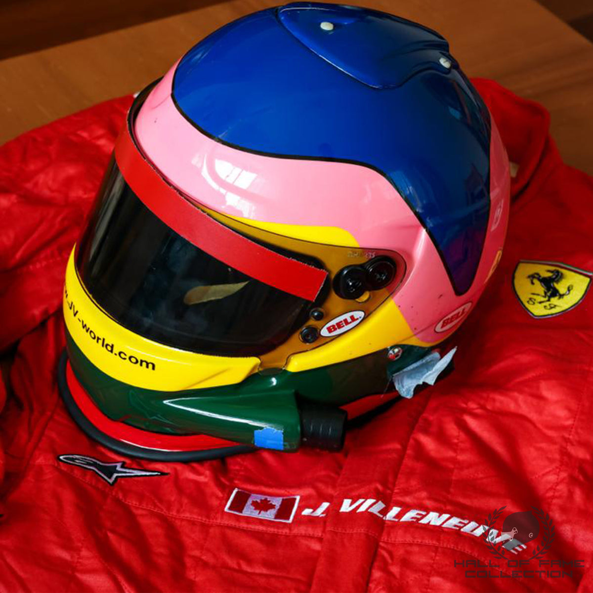 2012 Jacques Villeneuve Signed Used 30th Anniversary Ferrari F1 Suit & Helmet