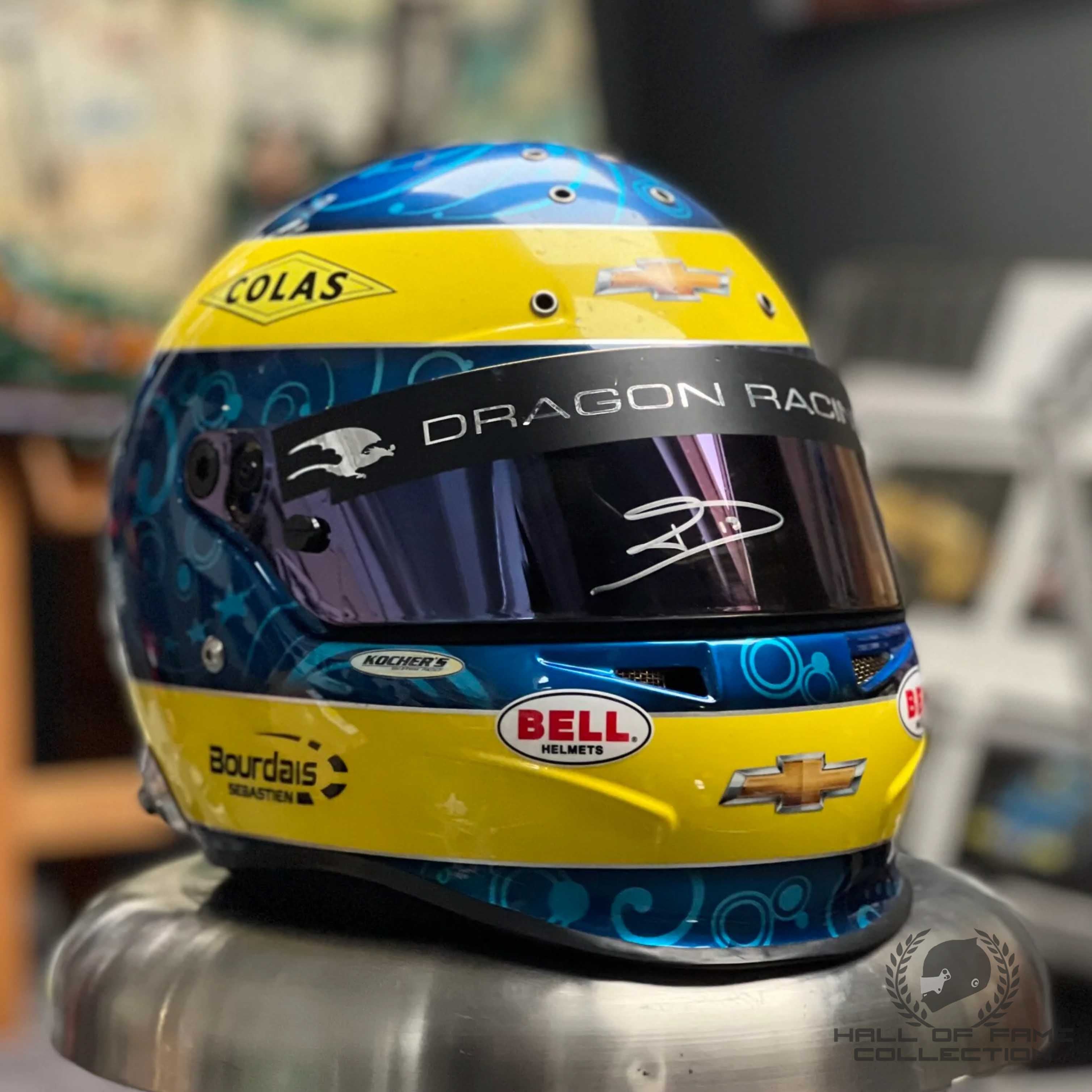 2012/13 Sebastien Bourdais Signed Race Used Dragon Racing Indycar Helmet