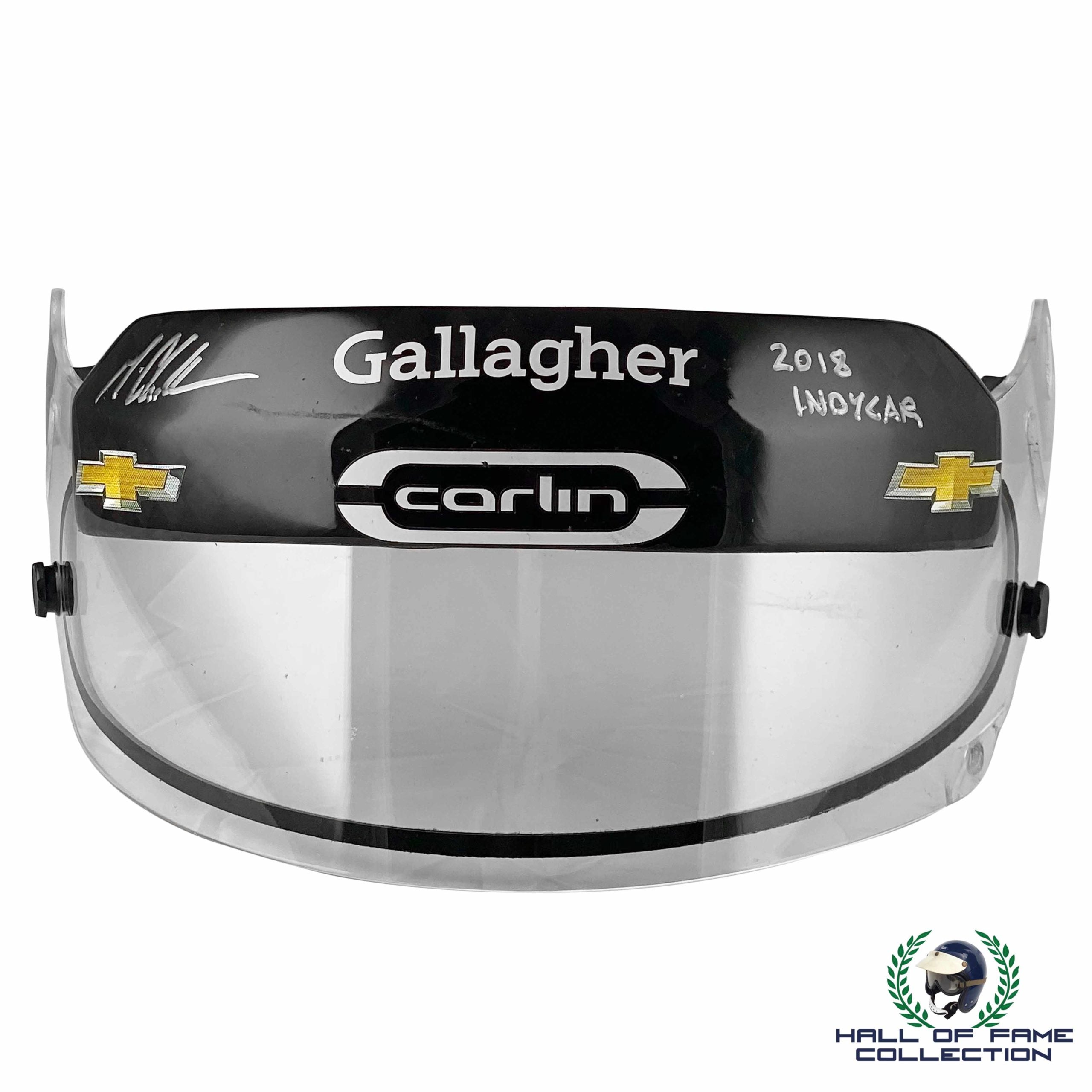 2018 Max Chilton Signed Race Used Carlin Racing Arai GP6-RC IndyCar Visor