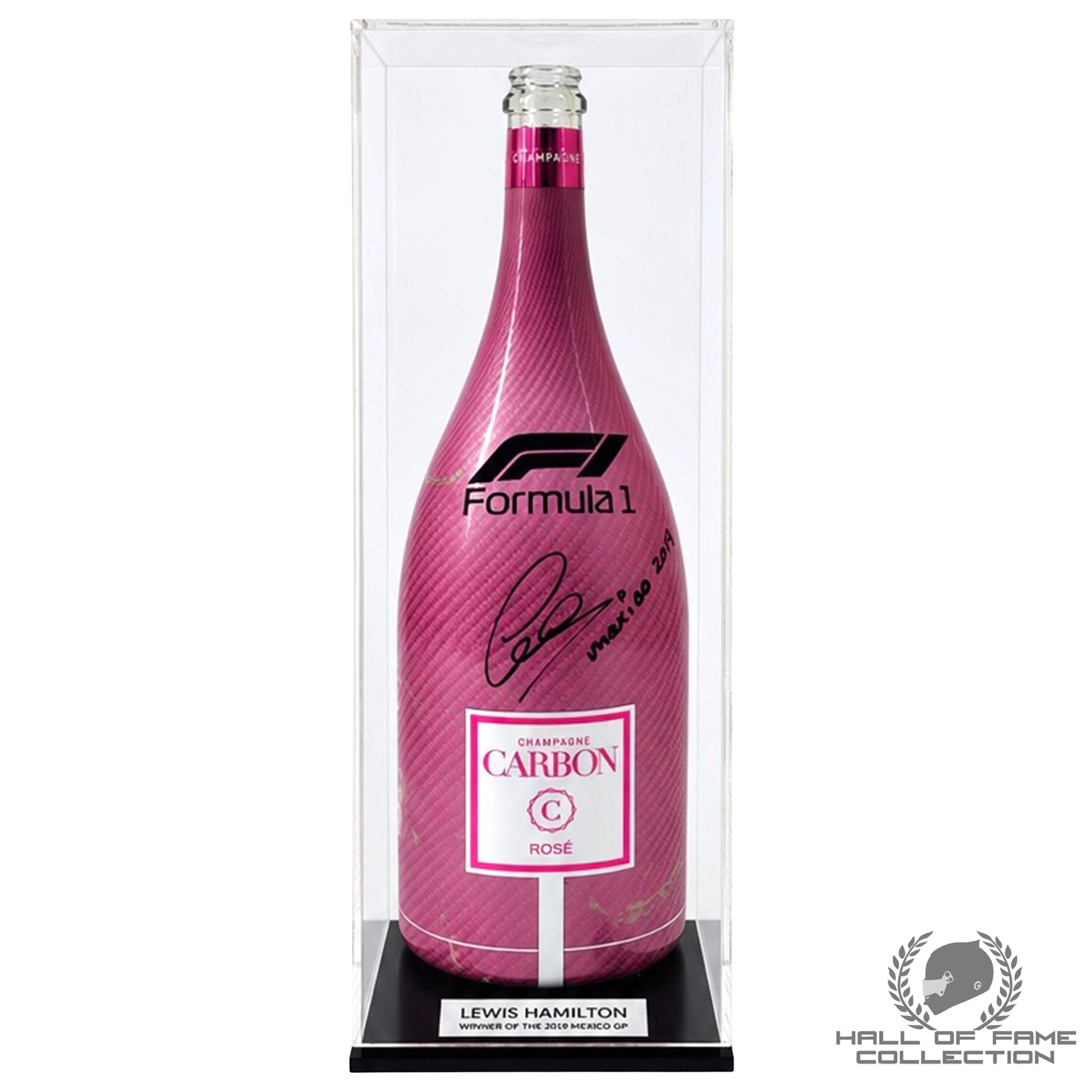 2019 Lewis Hamilton Signed Mexican GP Paddock Club Used F1 Carbon Pink Champagne Bottle