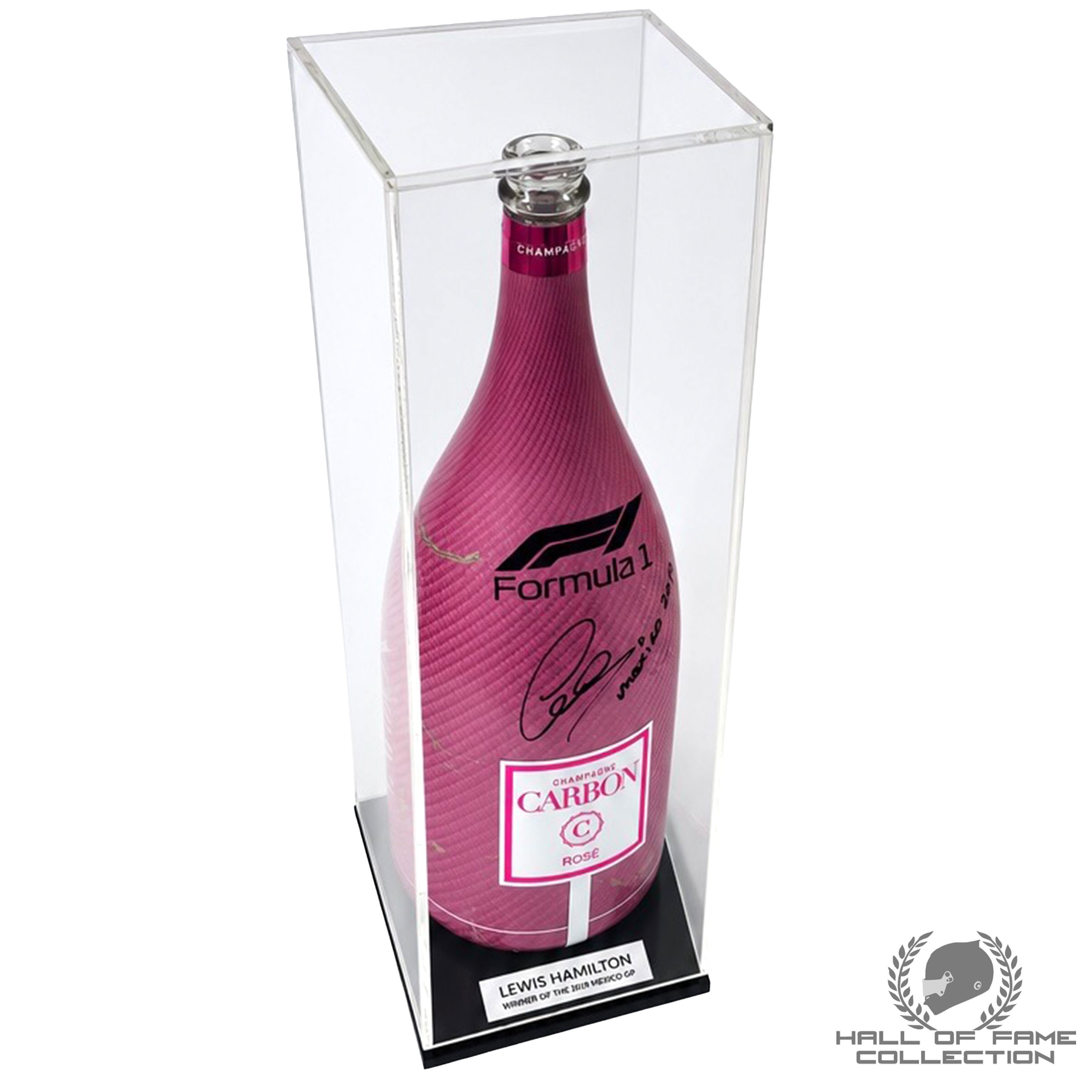 2019 Lewis Hamilton Signed Mexican GP Paddock Club Used F1 Carbon Pink Champagne Bottle