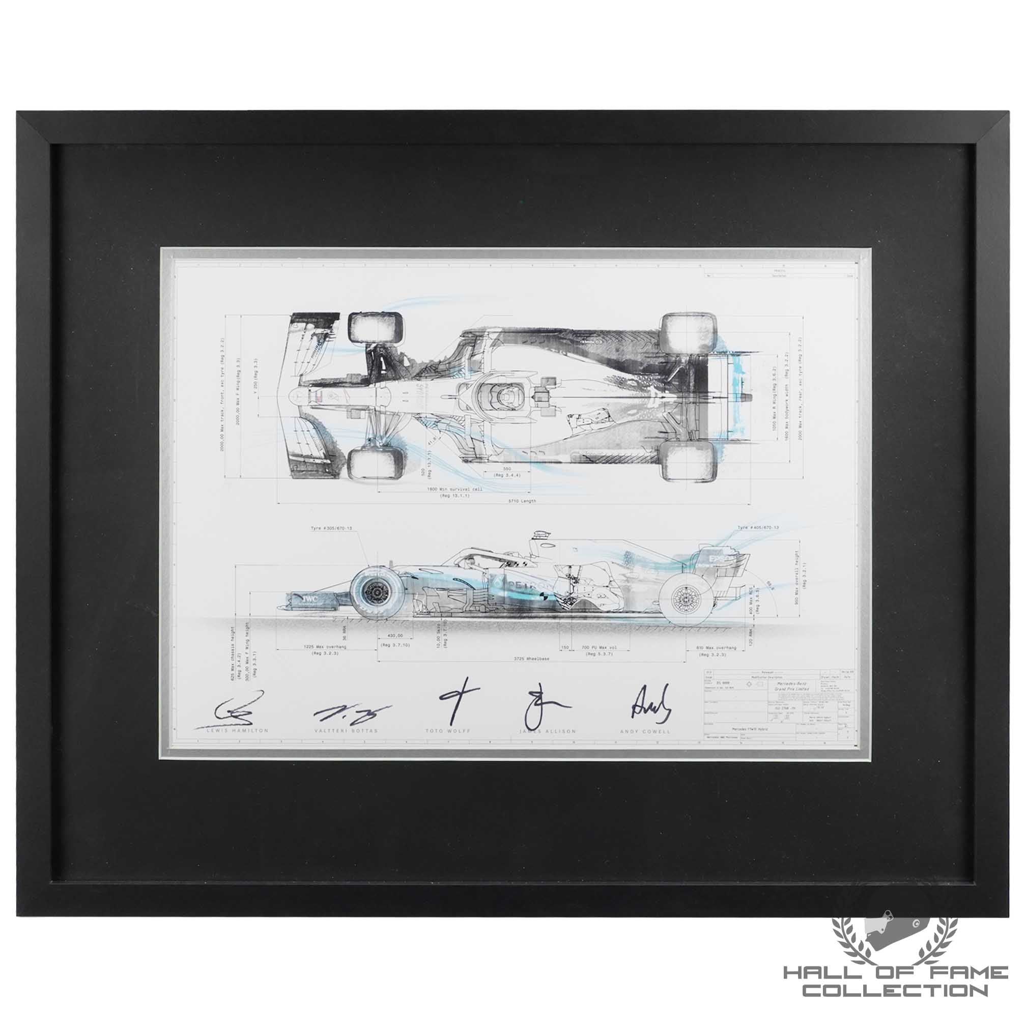 2019 Lewis Hamilton Valtteri Bottas Toto Wolff James Allison Andy Cowell Signed Mercedes W10 F1 Framed Print