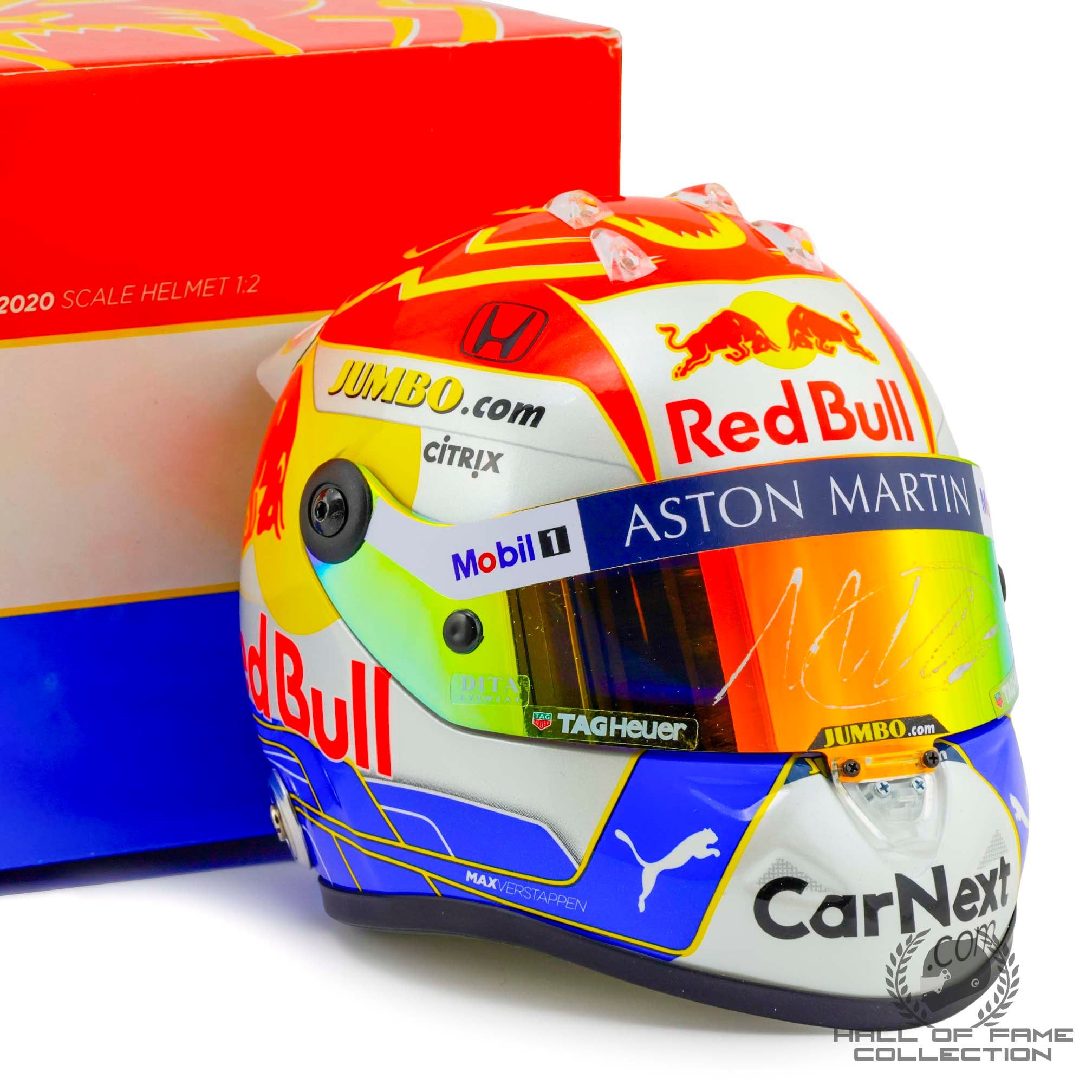 マックス・フェルスタッペン レッドブル1/2ヘルメット2020年オーストリアGP 2020 Max Verstappen Signed Austrian GP Red Bull Racing 1:2 Scale F1 He