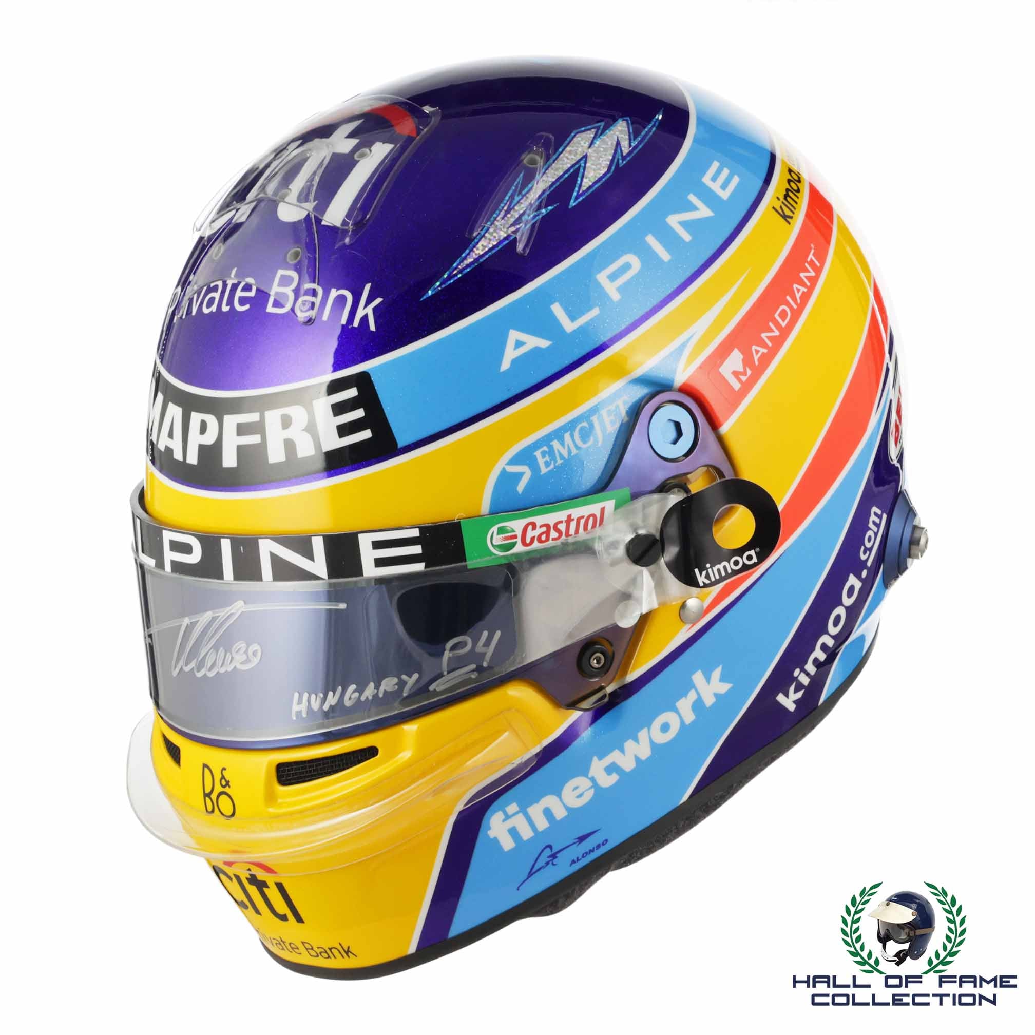 2021 Fernando Alonso Signed Race Used P4 Hungary GP Bell HP-77 Alpine F1 Helmet