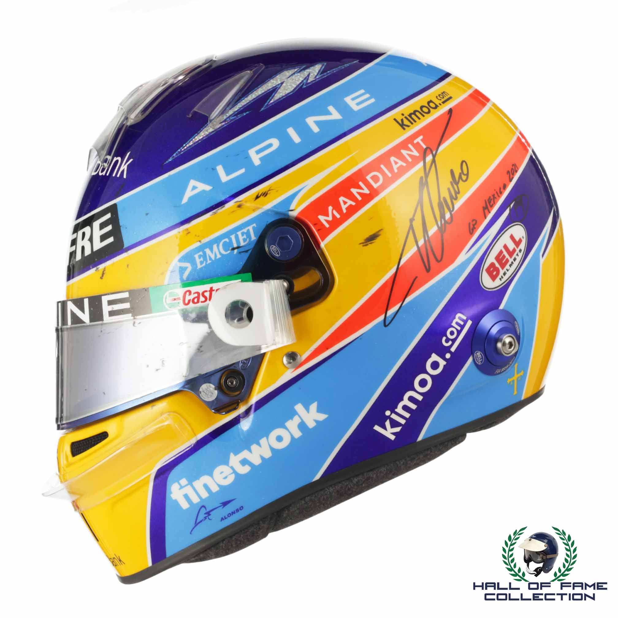 2021 Fernando Alonso Signed Race Used P9 Mexico GP Bell HP-77 Alpine F1 Helmet