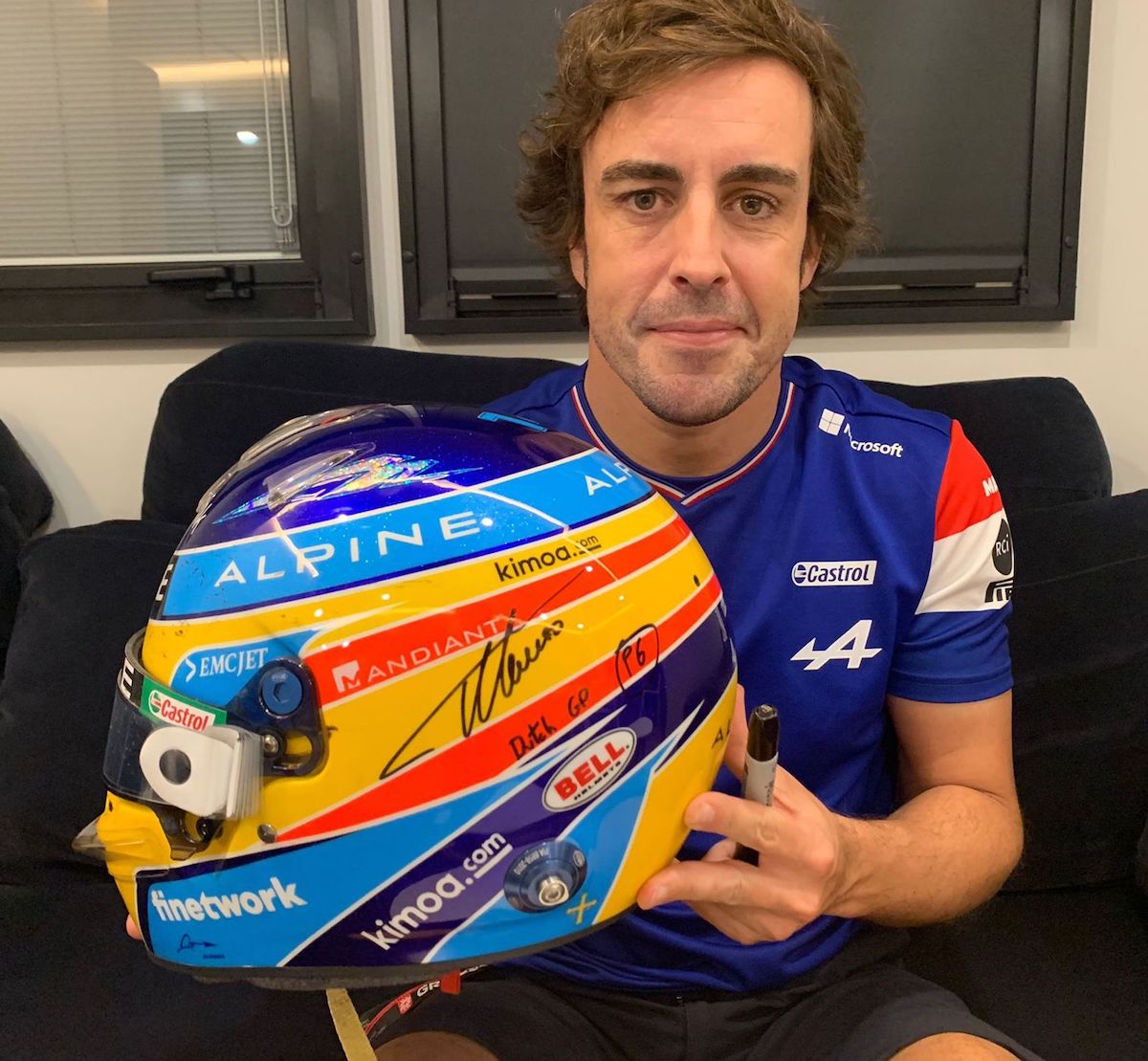 2021 Fernando Alonso Signed Race Used Dutch Grand Prix Bell HP 77 Alpine F1 Helmet