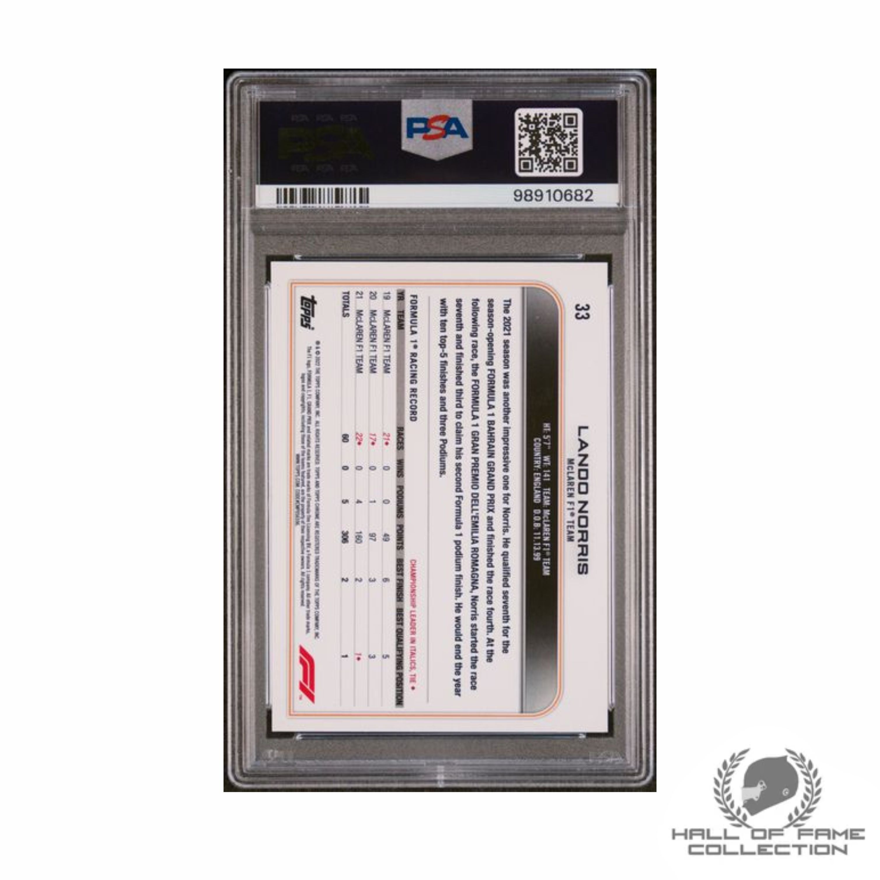 2022 Topps Chrome F1 Lando Norris On-Card Auto GEM MT 10