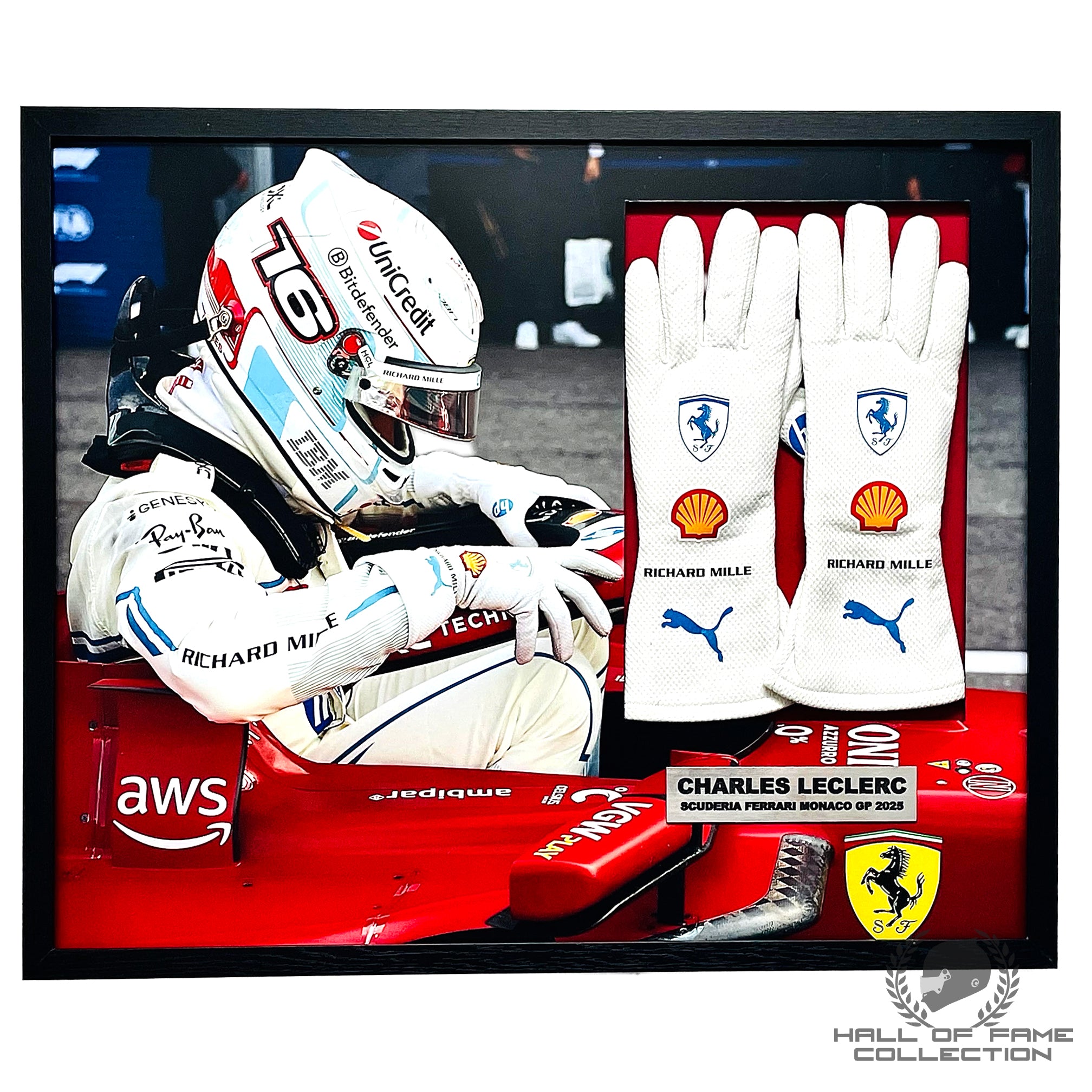 2025 Charles Leclerc Original Monaco Scuderia Ferrari Framed F1 Gloves