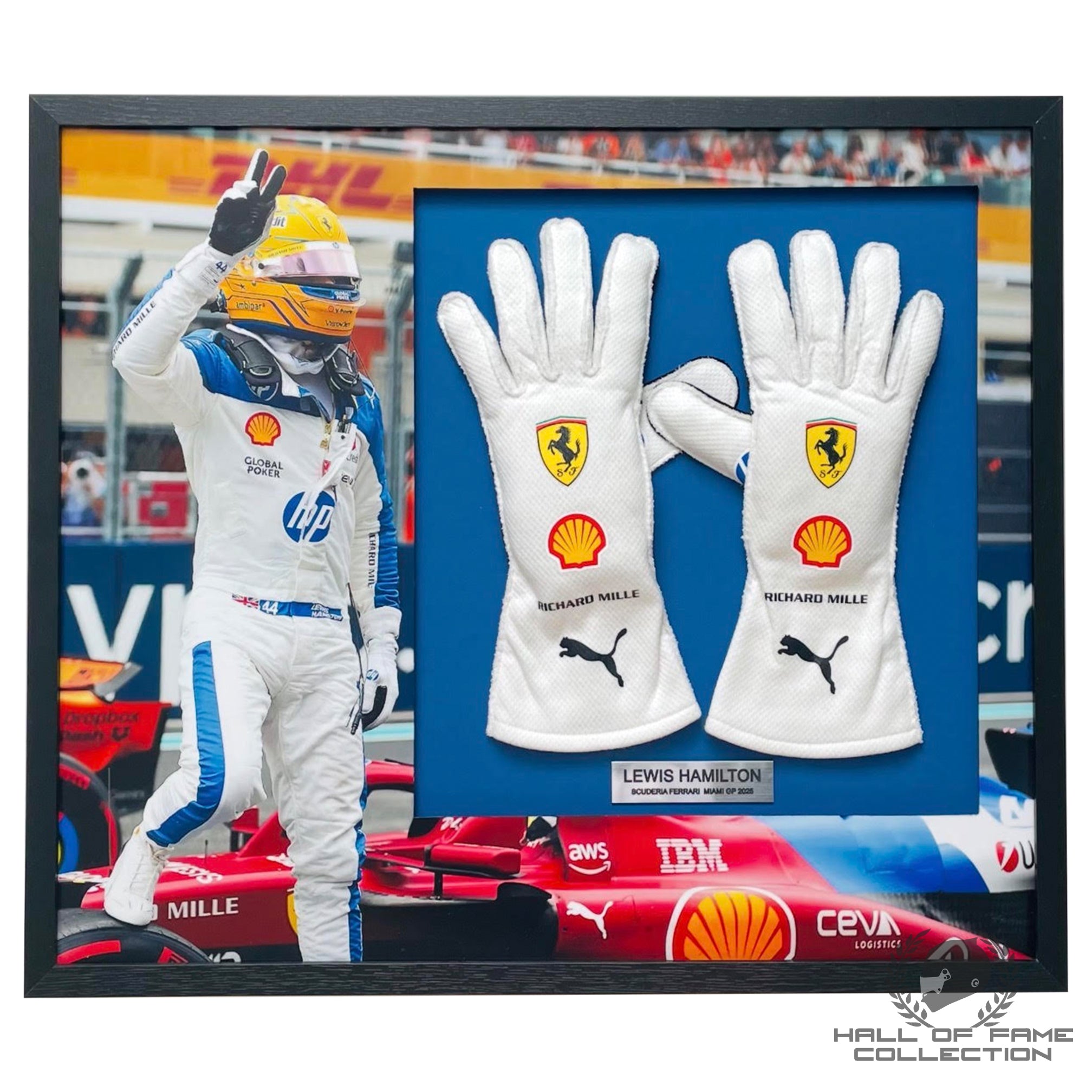 2025 Lewis Hamilton Miami GP Scuderia Ferrari F1 Framed Gloves
