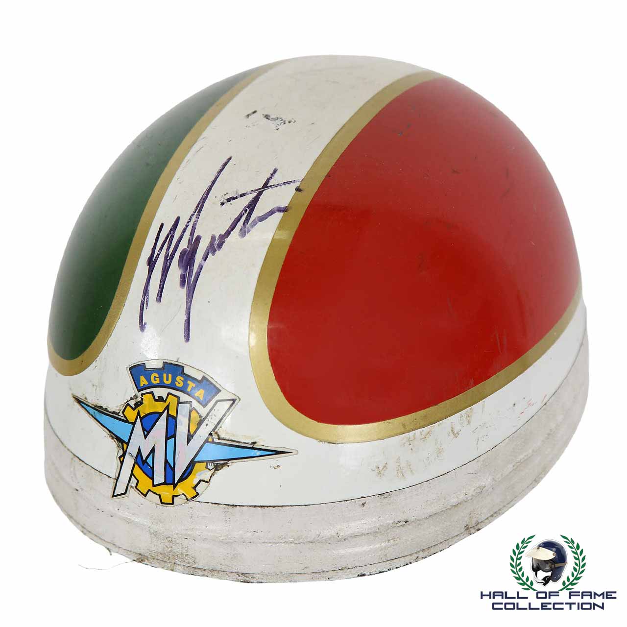 1960's Giacomo Agostini Signed Original Pudding Basin Style Replica MV
