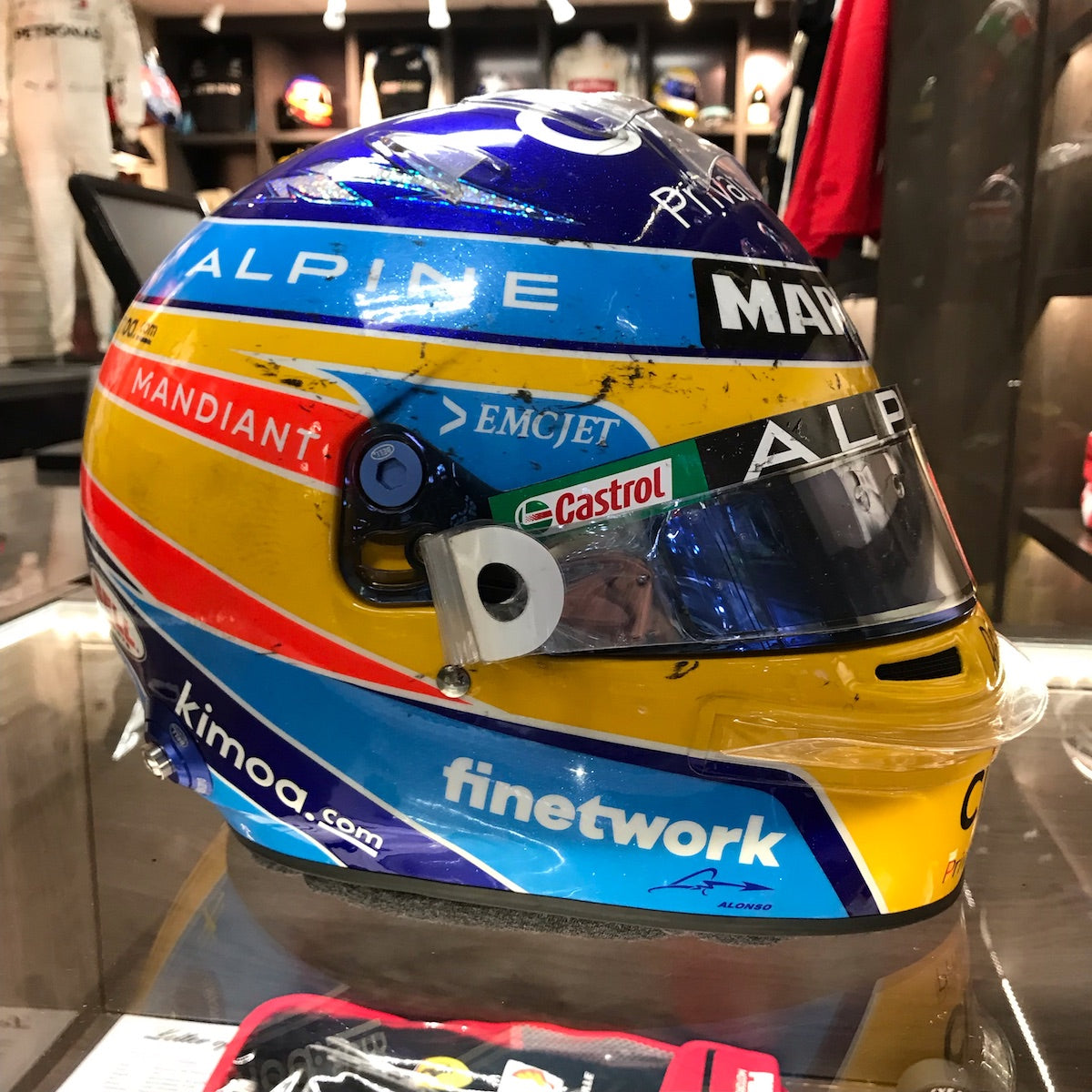 2021 Fernando Alonso Signed Race Used P9 Mexico GP Bell HP-77 Alpine F1 Helmet