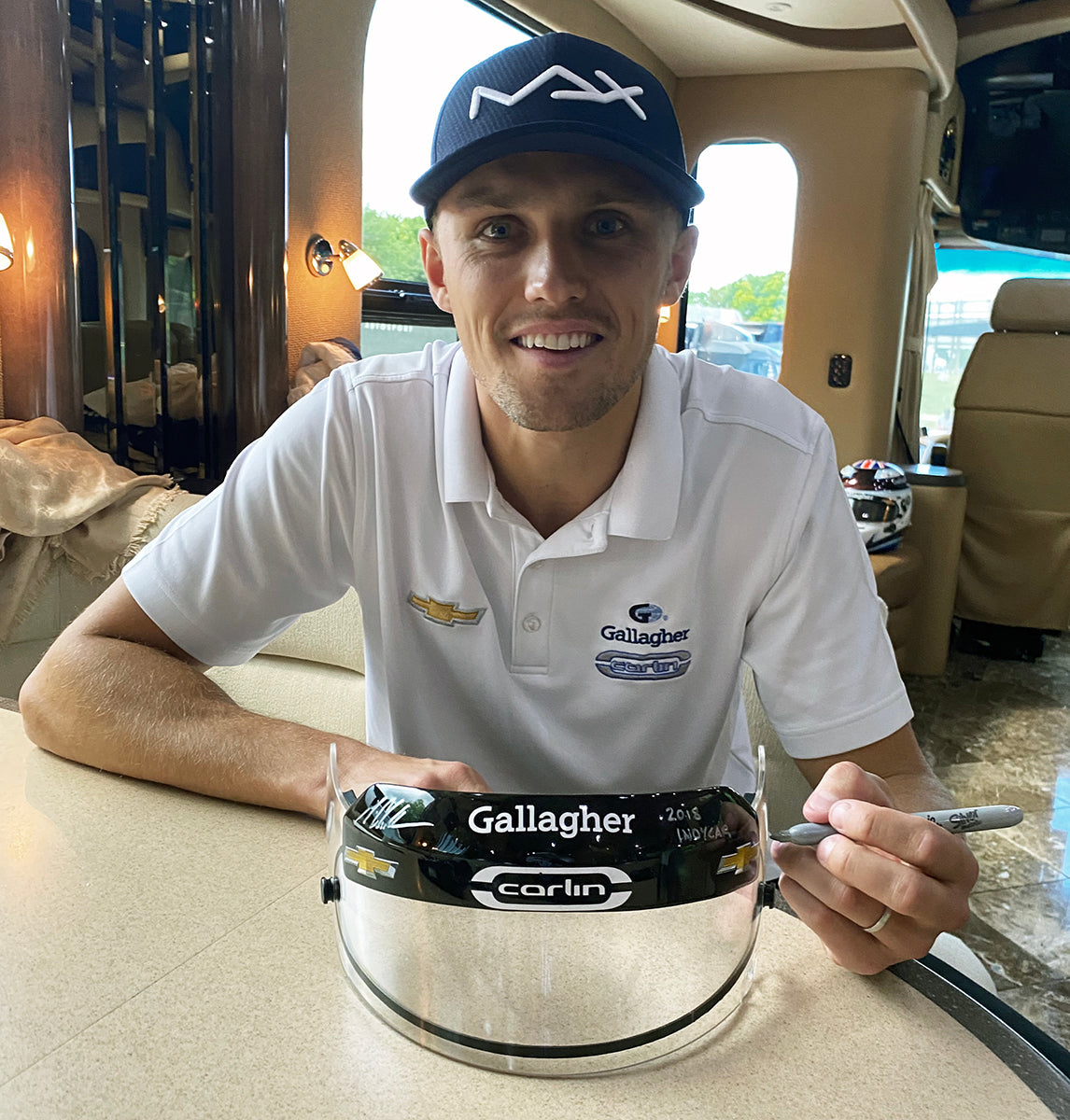 2018 Max Chilton Signed Race Used Carlin Racing Arai GP6-RC IndyCar Visor