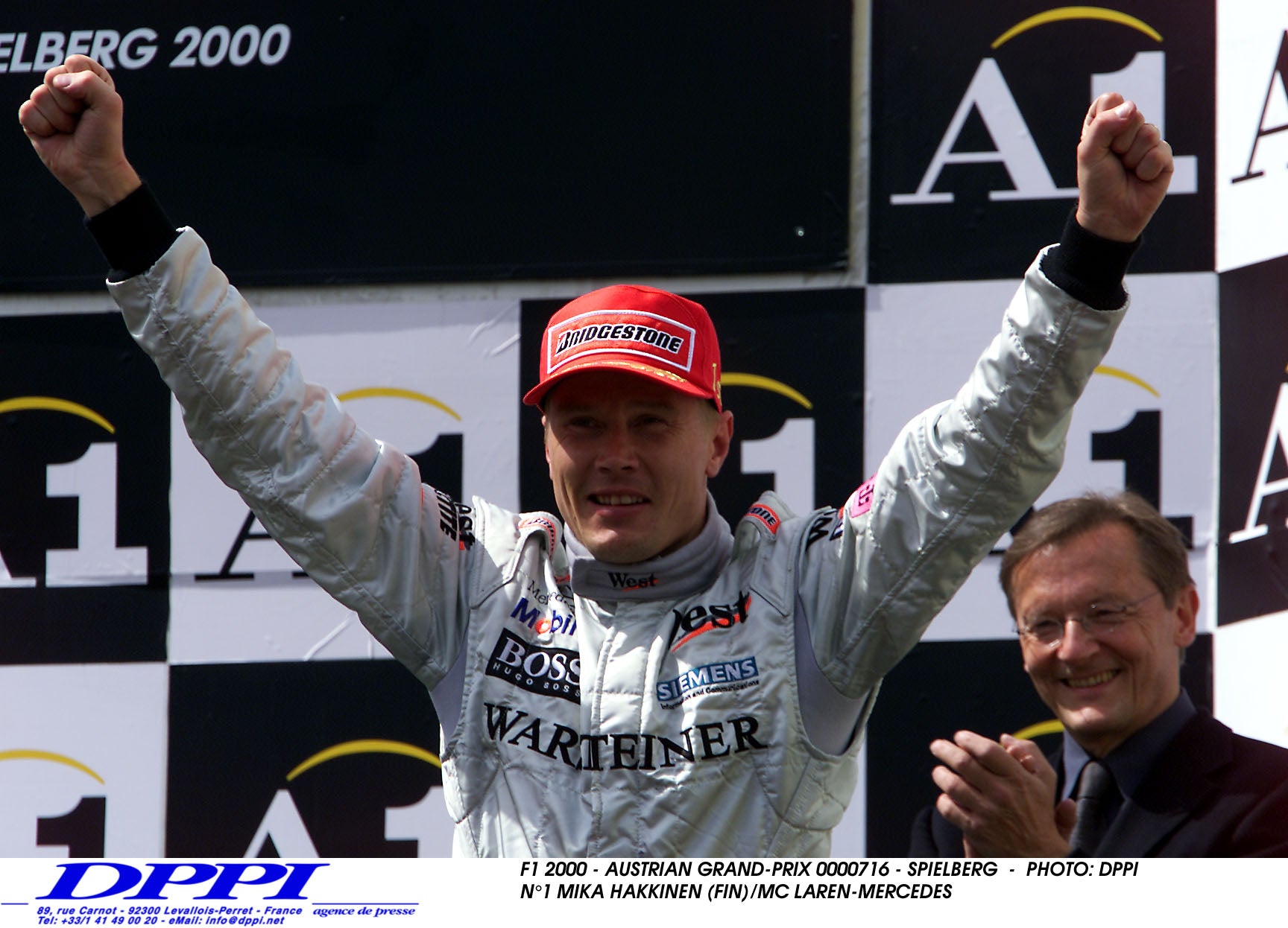 2000 Mika Hakkinen Austrian GP Winning Race Used West McLaren Mercedes F1 Suit