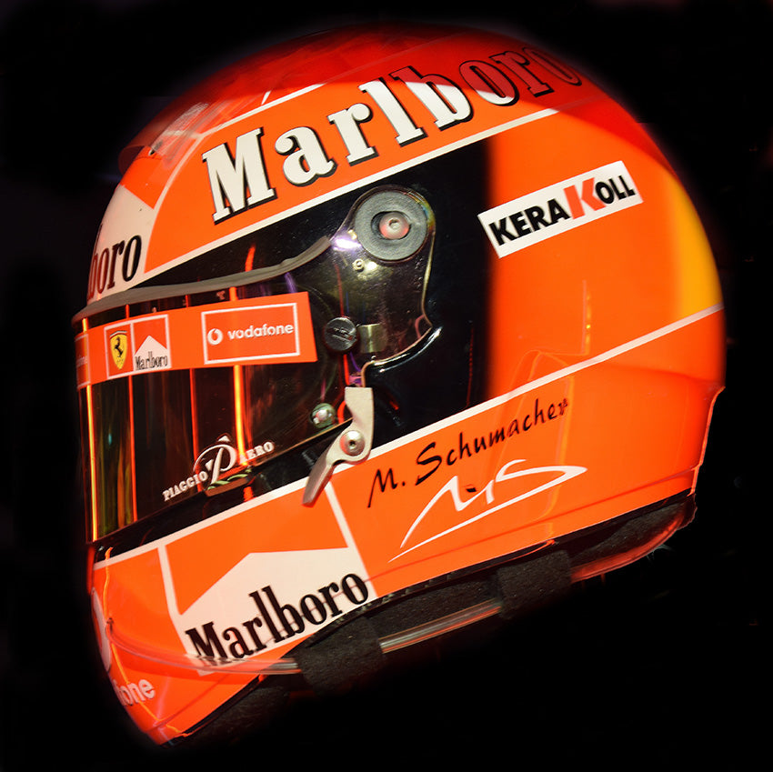 2002 Michael Schumacher, Hungarian G.P. race used Ferrari World Championship helmet.