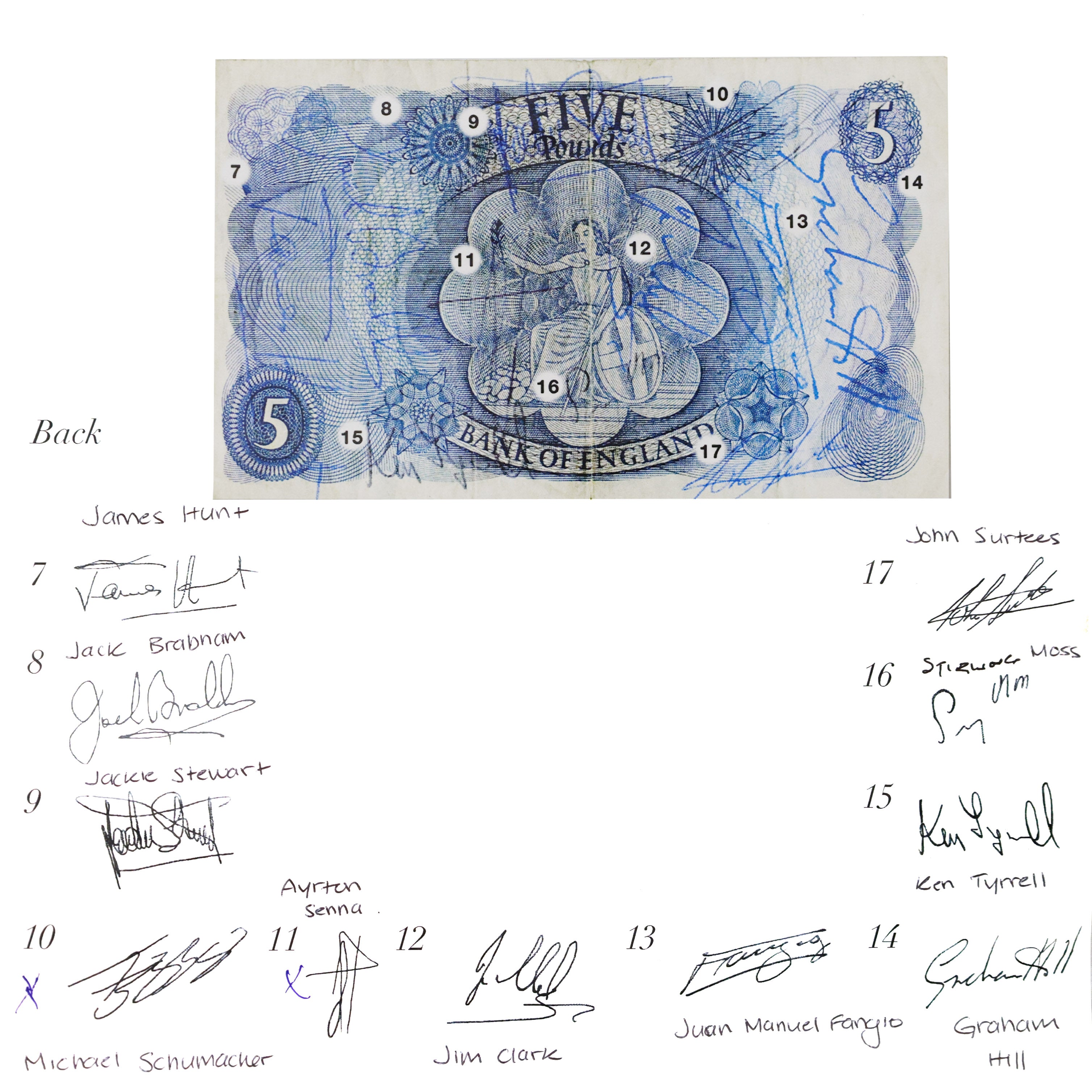 F1 World Champions Senna, Hamilton, Schumacher, Clark, Fangio G. Hill, Hunt + More Signed Bank Five Pound Note PSA F1 Slab