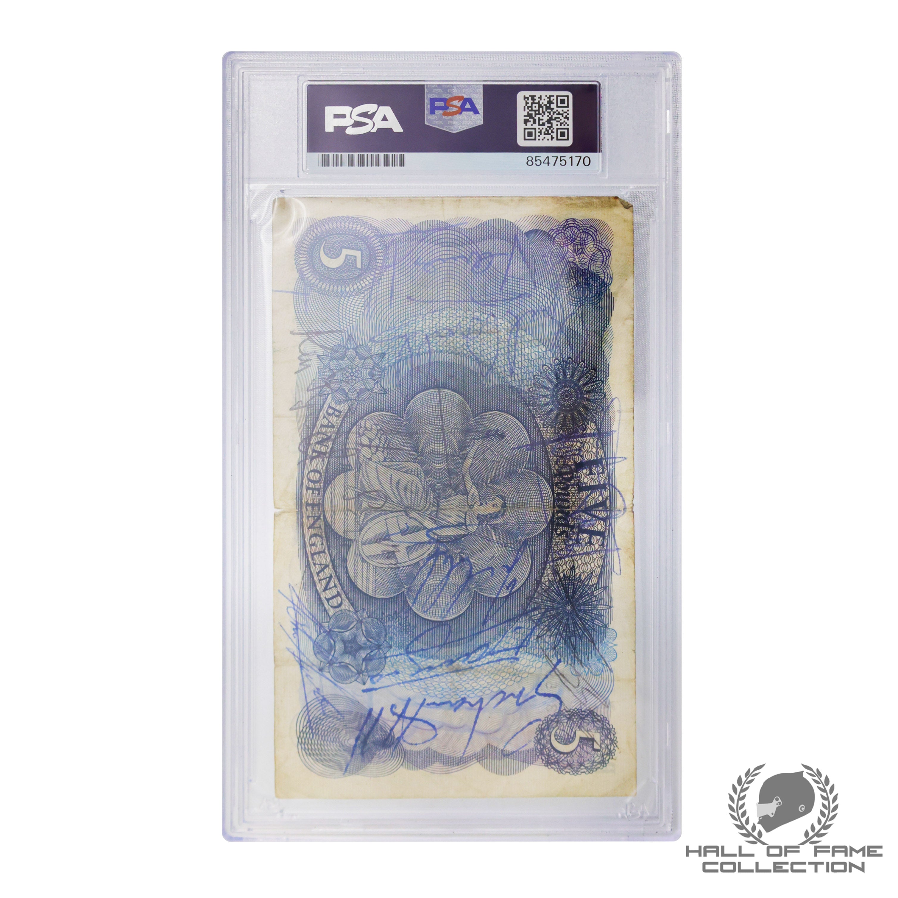 F1 World Champions Senna, Hamilton, Schumacher, Clark, Fangio G. Hill, Hunt + More Signed Bank Five Pound Note PSA F1 Slab