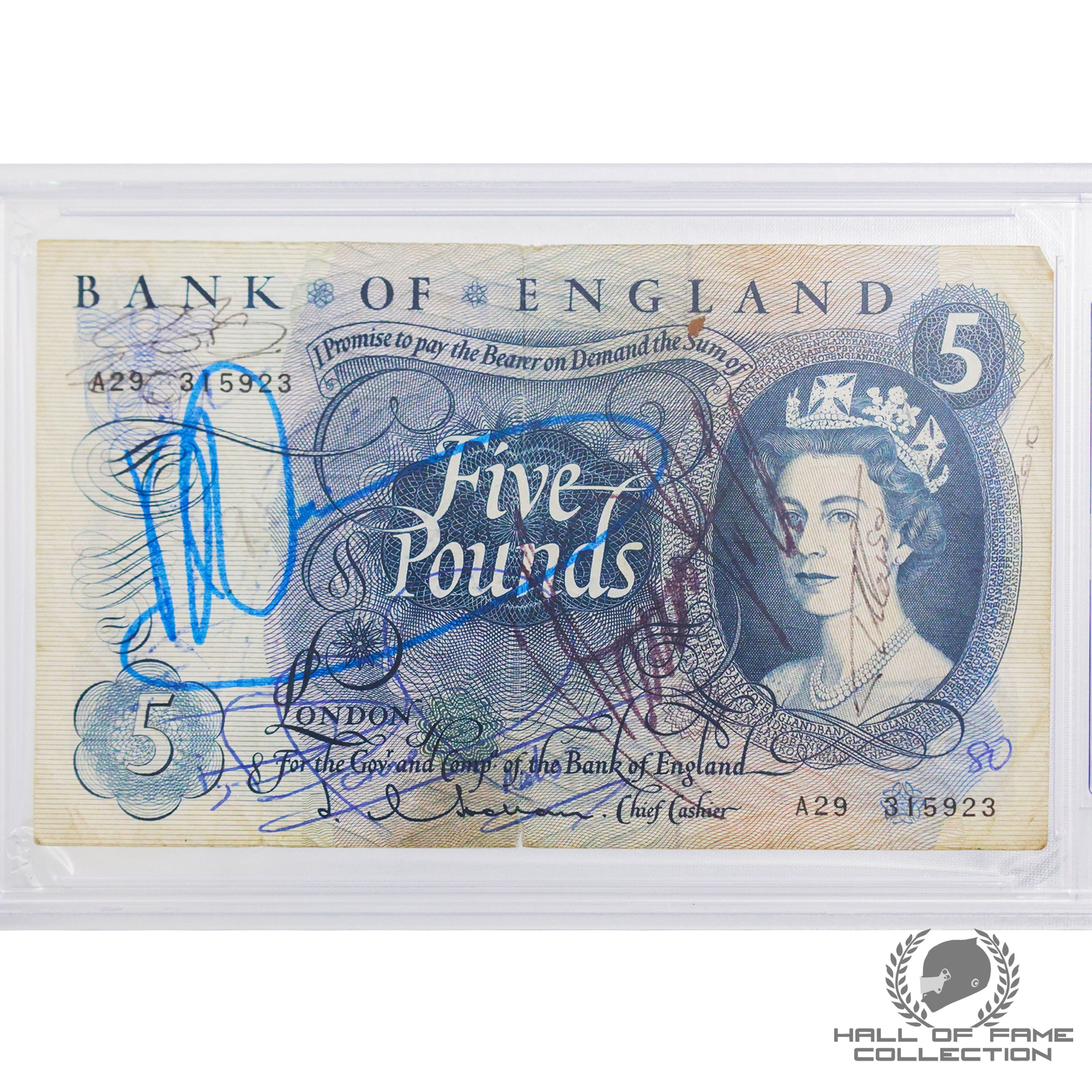 F1 World Champions Senna, Hamilton, Schumacher, Clark, Fangio G. Hill, Hunt + More Signed Bank Five Pound Note PSA F1 Slab