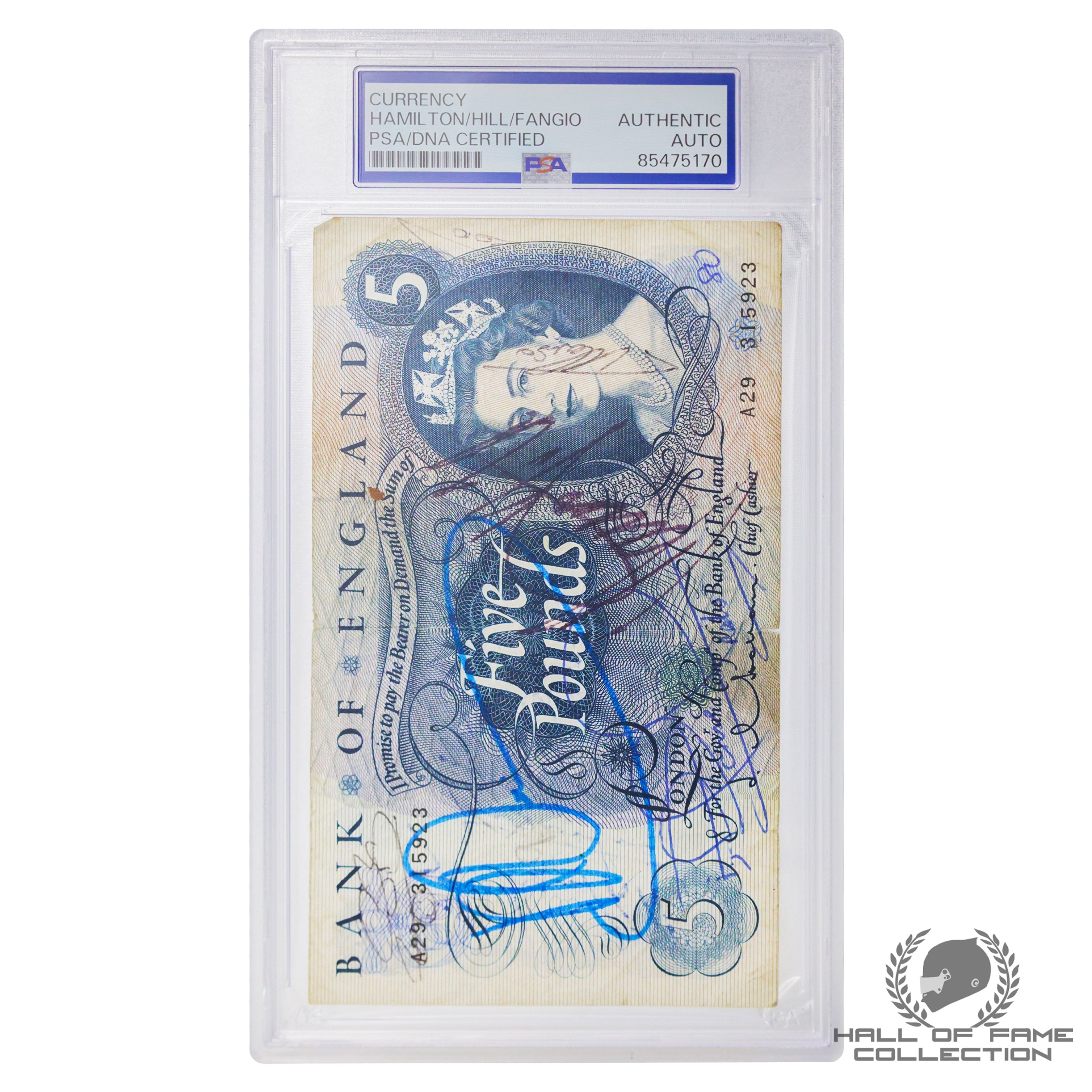 F1 World Champions Senna, Hamilton, Schumacher, Clark, Fangio G. Hill, Hunt + More Signed Bank Five Pound Note PSA F1 Slab