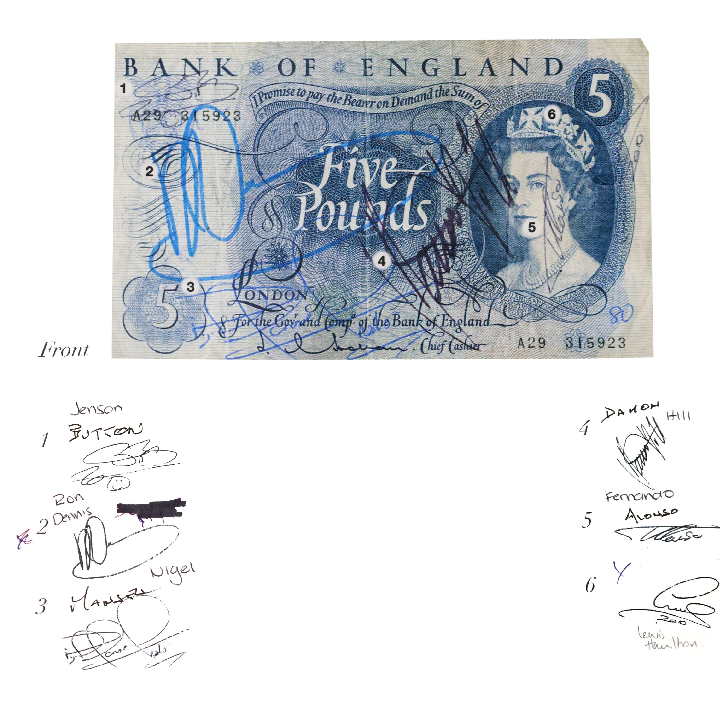 F1 World Champions Senna, Hamilton, Schumacher, Clark, Fangio G. Hill, Hunt + More Signed Bank Five Pound Note PSA F1 Slab
