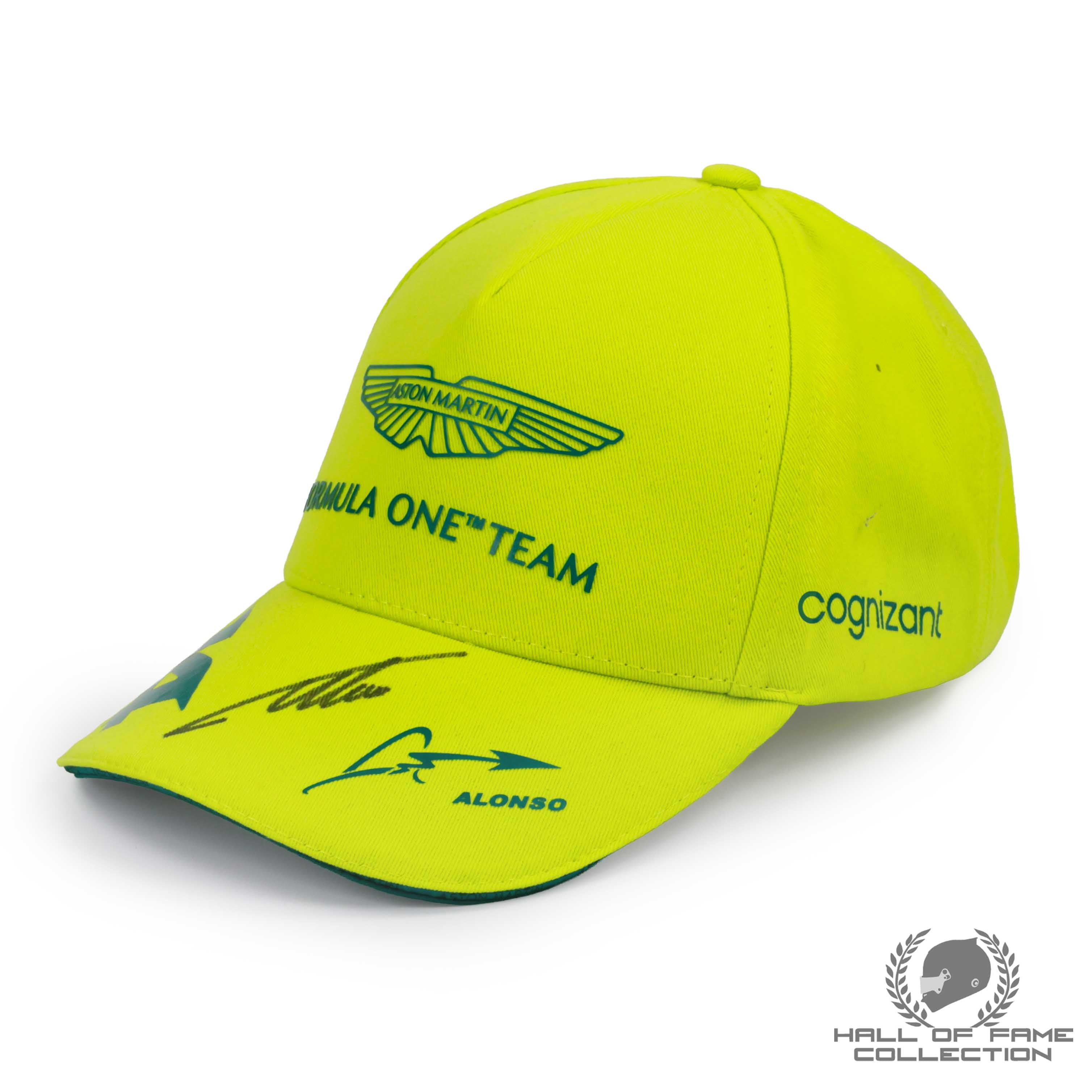 Fernando Alonso Signed Aston Martin Team F1 Hat - Lime