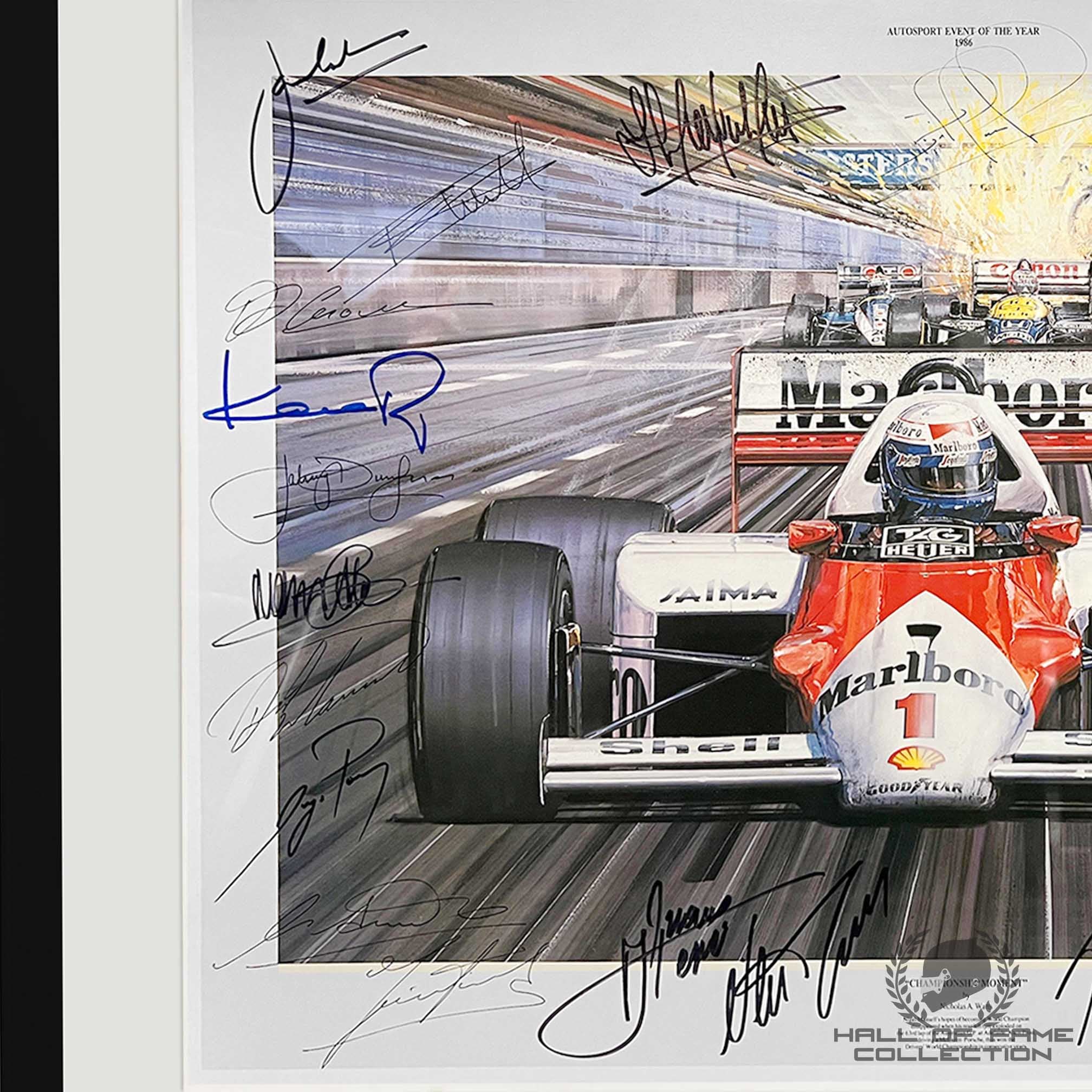 1986 Alain Prost "Championship Moment" Signed with 24 Autographs Nicolas Watts Framed F1 Print