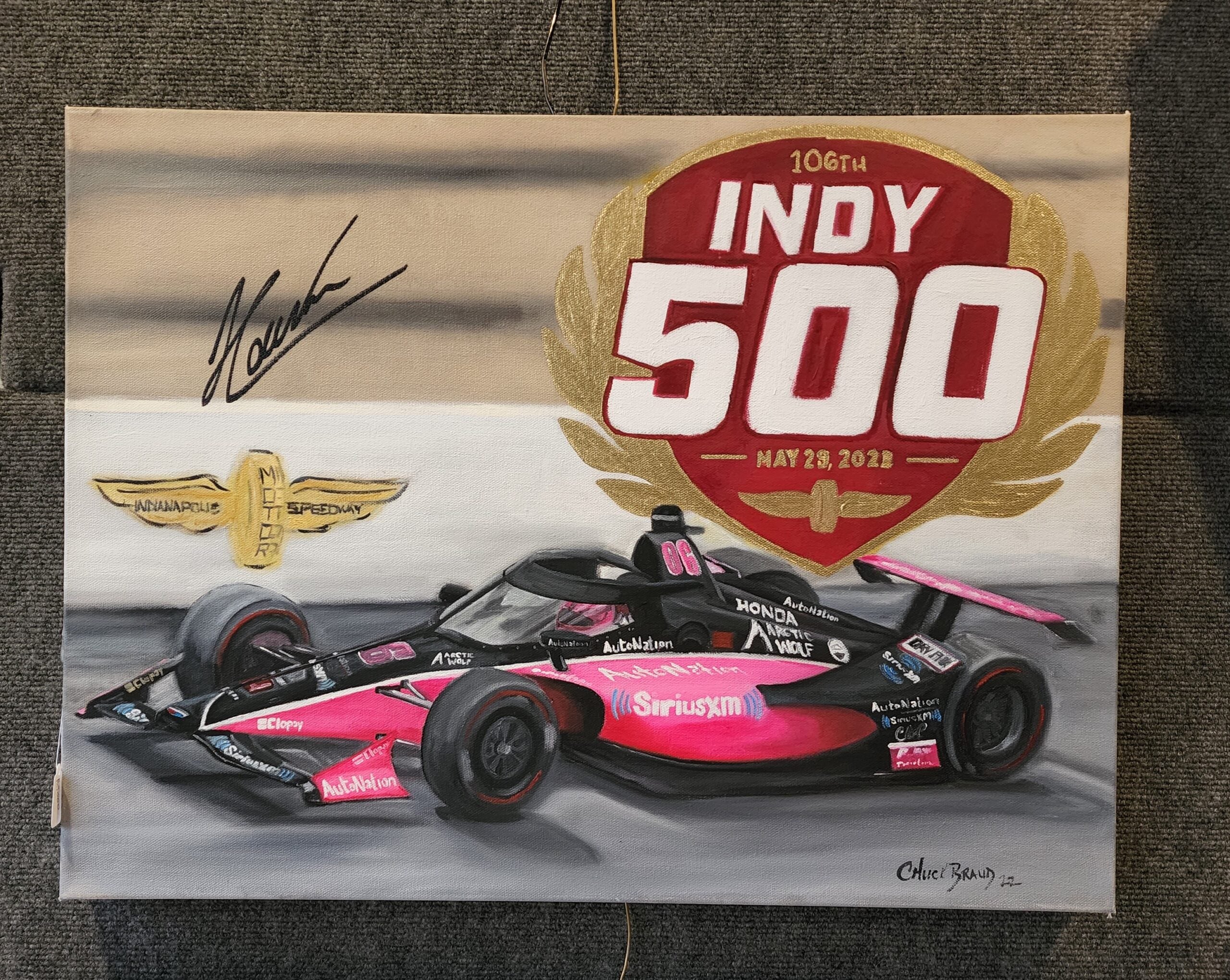 2022 Helio Castroneves Signed 106th Indianapolis 500 18 X 24 Original Artwork By Chuck Braud