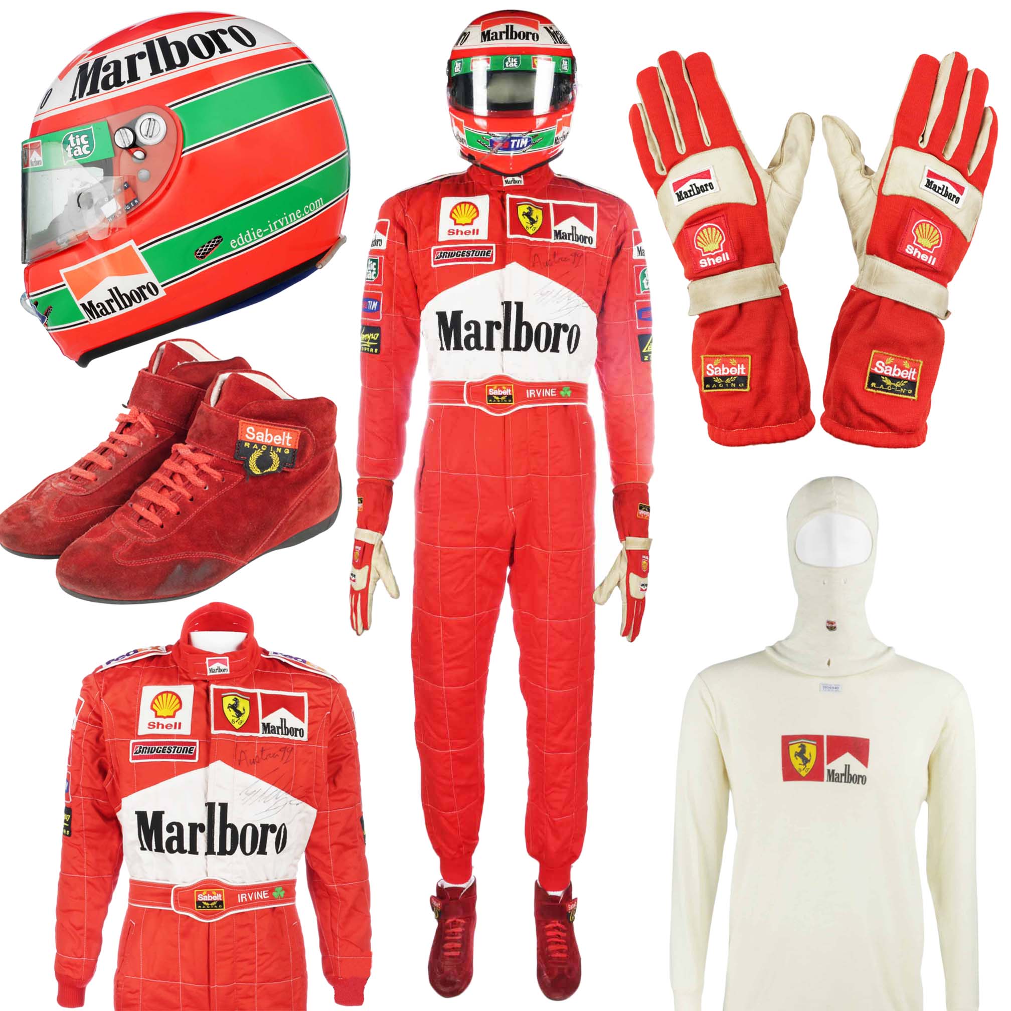 1999 Eddie Irvine Signed Race Austria GP Race Winning Scuderia Ferrari F1 Helmet Suit Boots Gloves Full Nomex