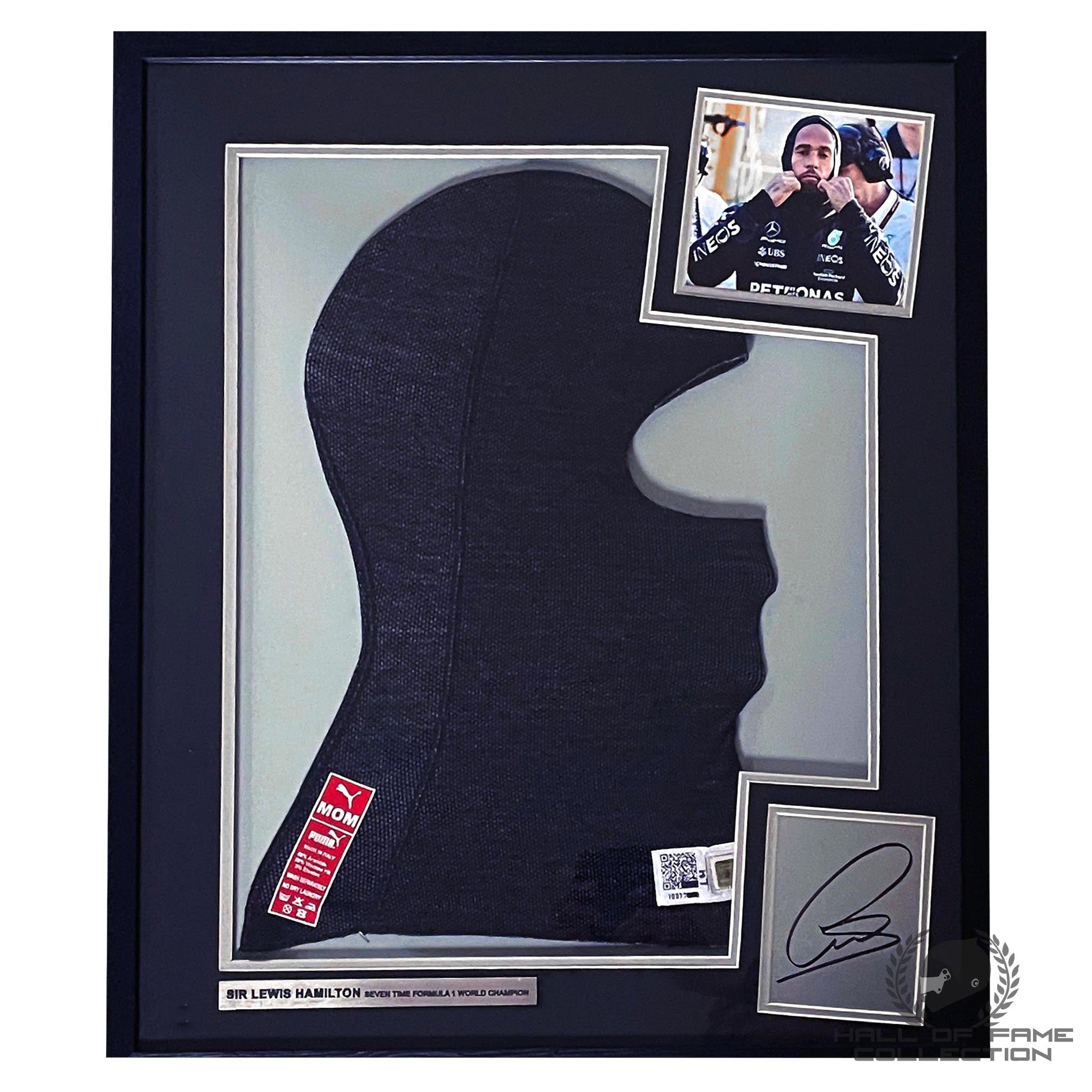 Lewis Hamilton Signed Race Used Framed Merc F1 Balaclava
