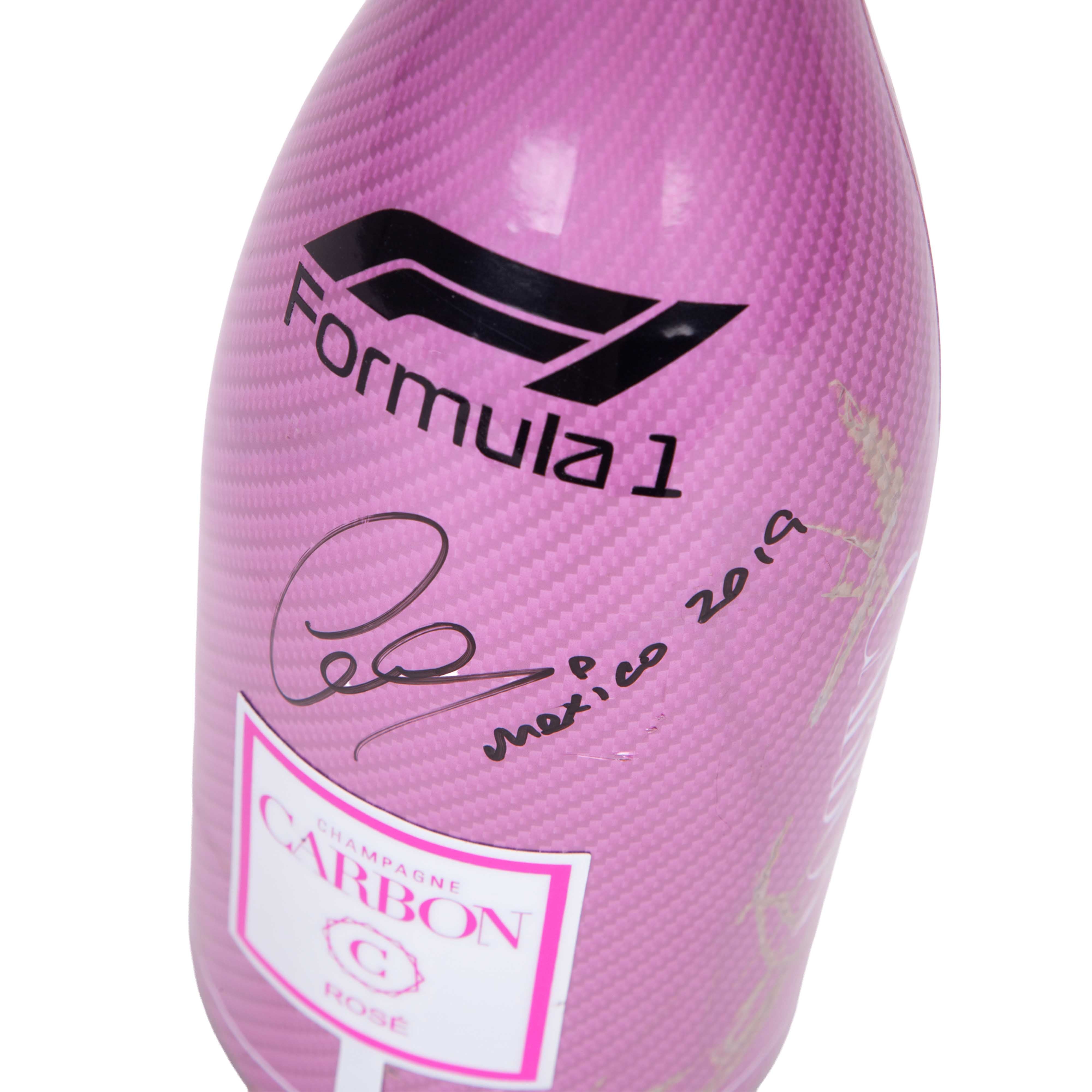 2019 Lewis Hamilton Signed Mexican GP Paddock Club Used F1 Carbon Pink Champagne Bottle