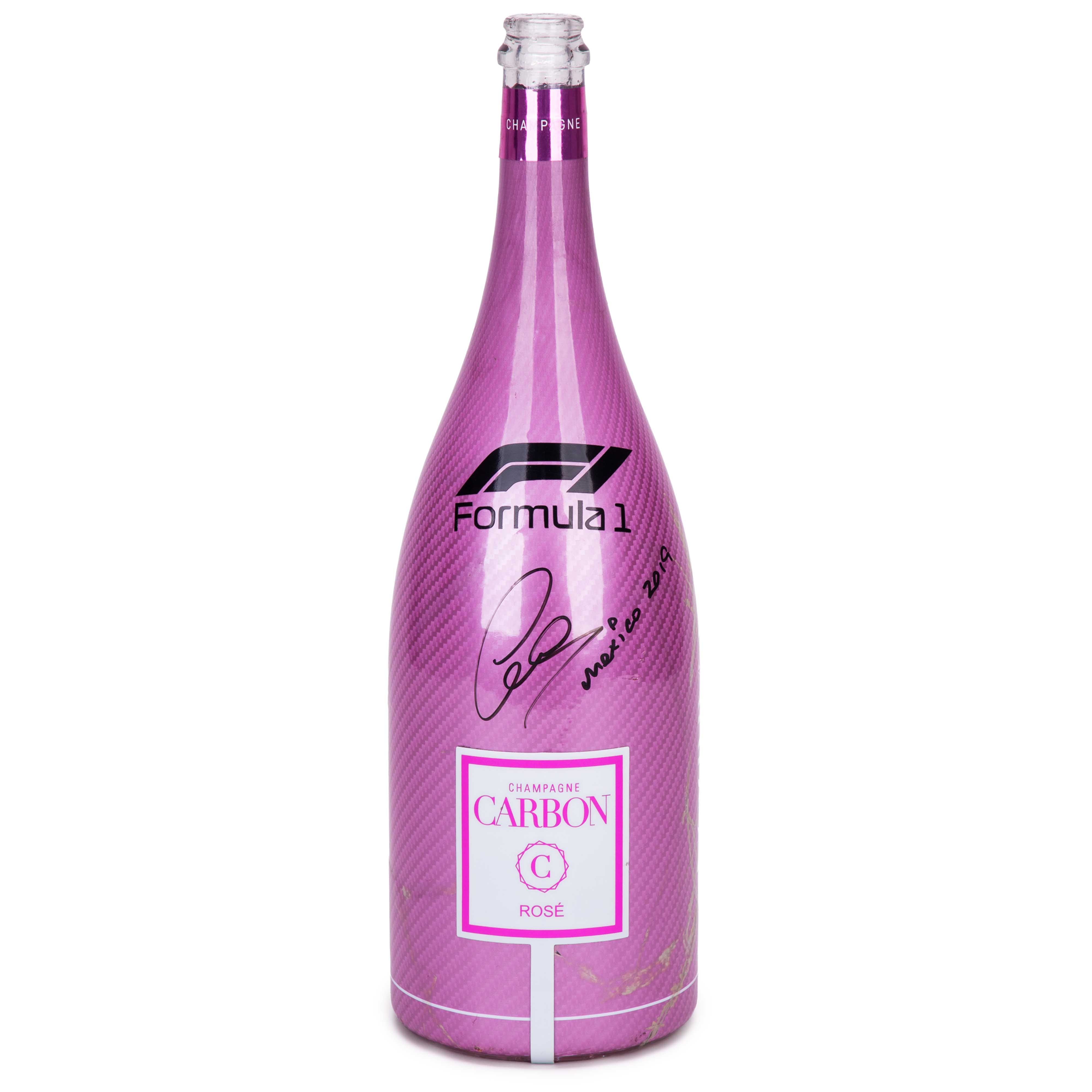 2019 Lewis Hamilton Signed Mexican GP Paddock Club Used F1 Carbon Pink Champagne Bottle