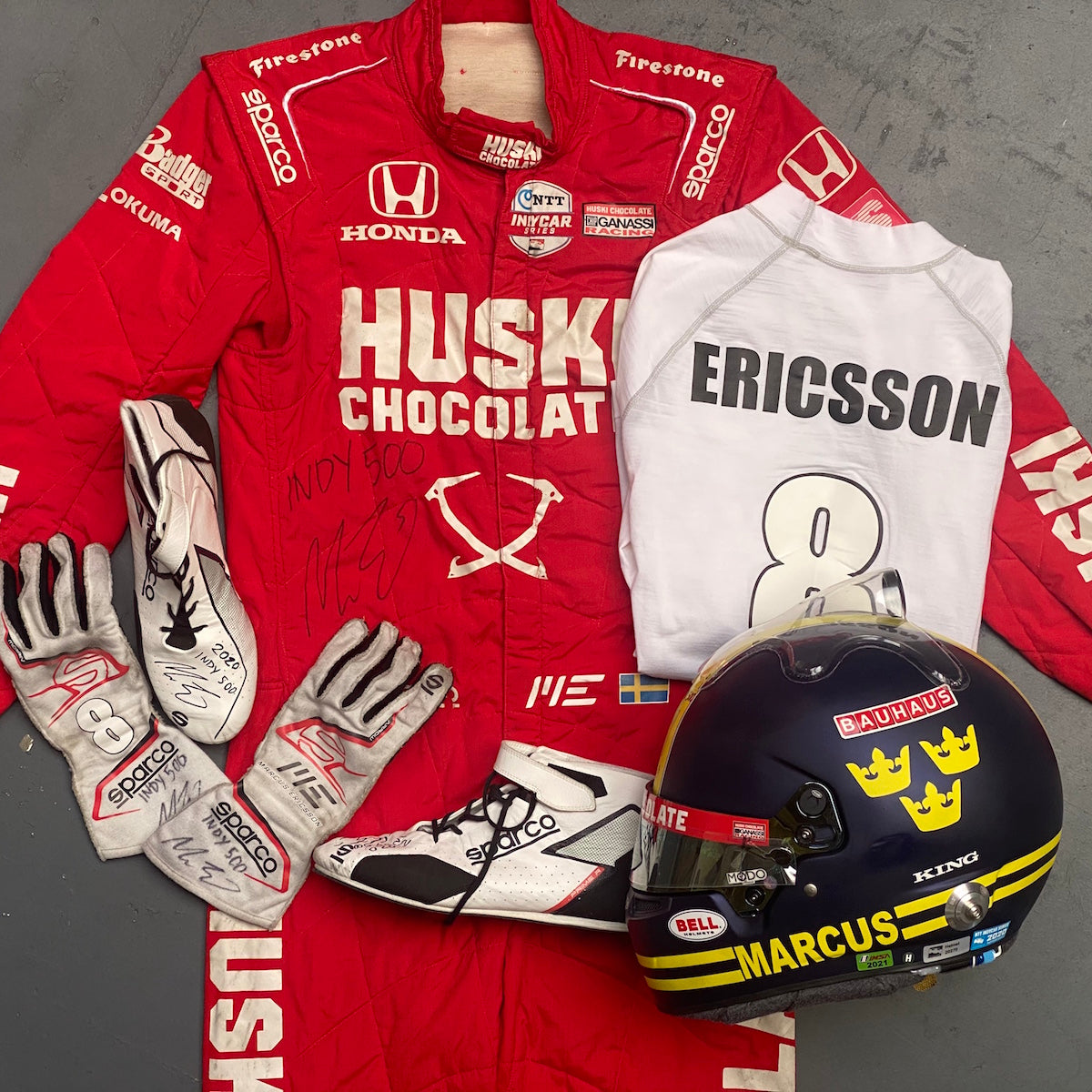 2020 Marcus Ericsson Signed Race Used Indy 500 Helmet, Suit, Nomex, Gloves And Boots Set