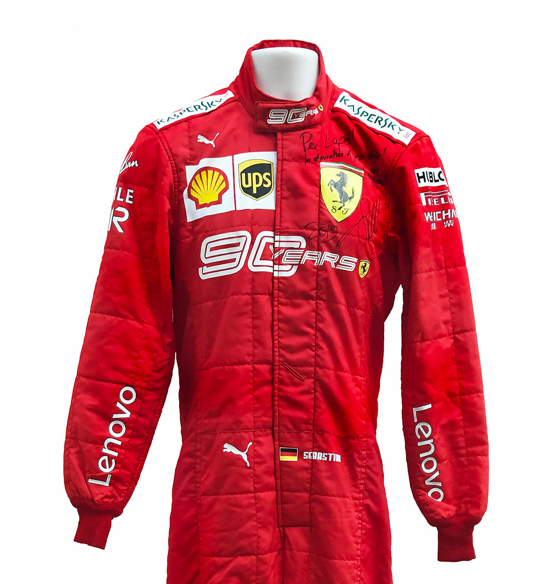 2019 Sebastian Vettel Signed Race Used '90 Years' Scuderia Ferrari F1 Suit