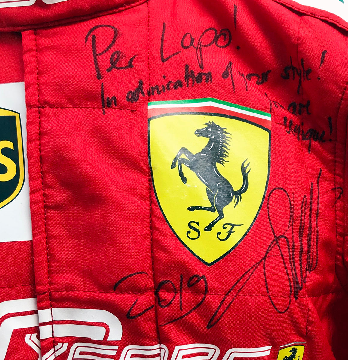 2019 Sebastian Vettel Signed Race Used '90 Years' Scuderia Ferrari F1 Suit