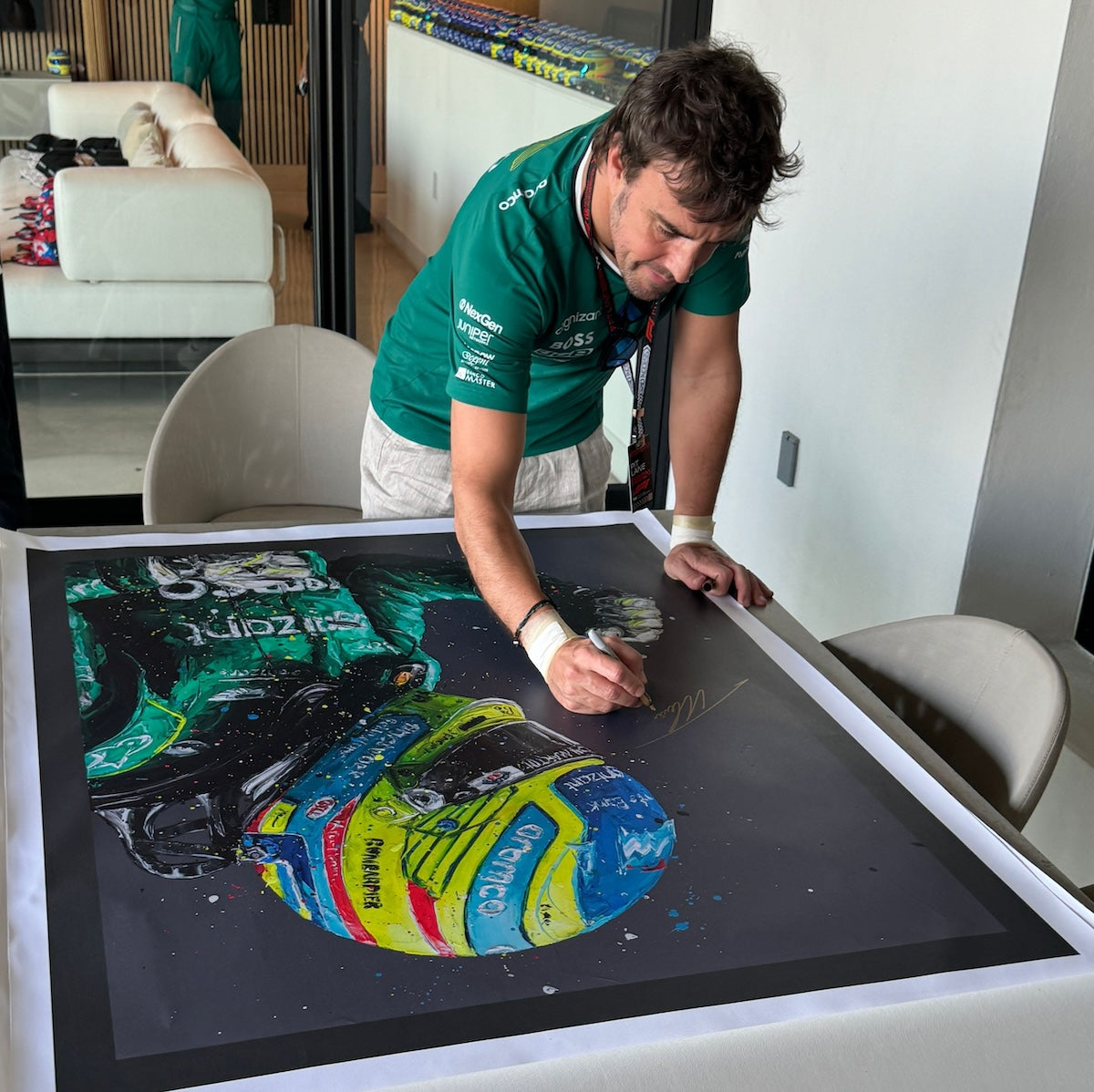 Fernando Alonso Signed Aston Martin Hand Embellished Portrait Print Paul Oz Artwork