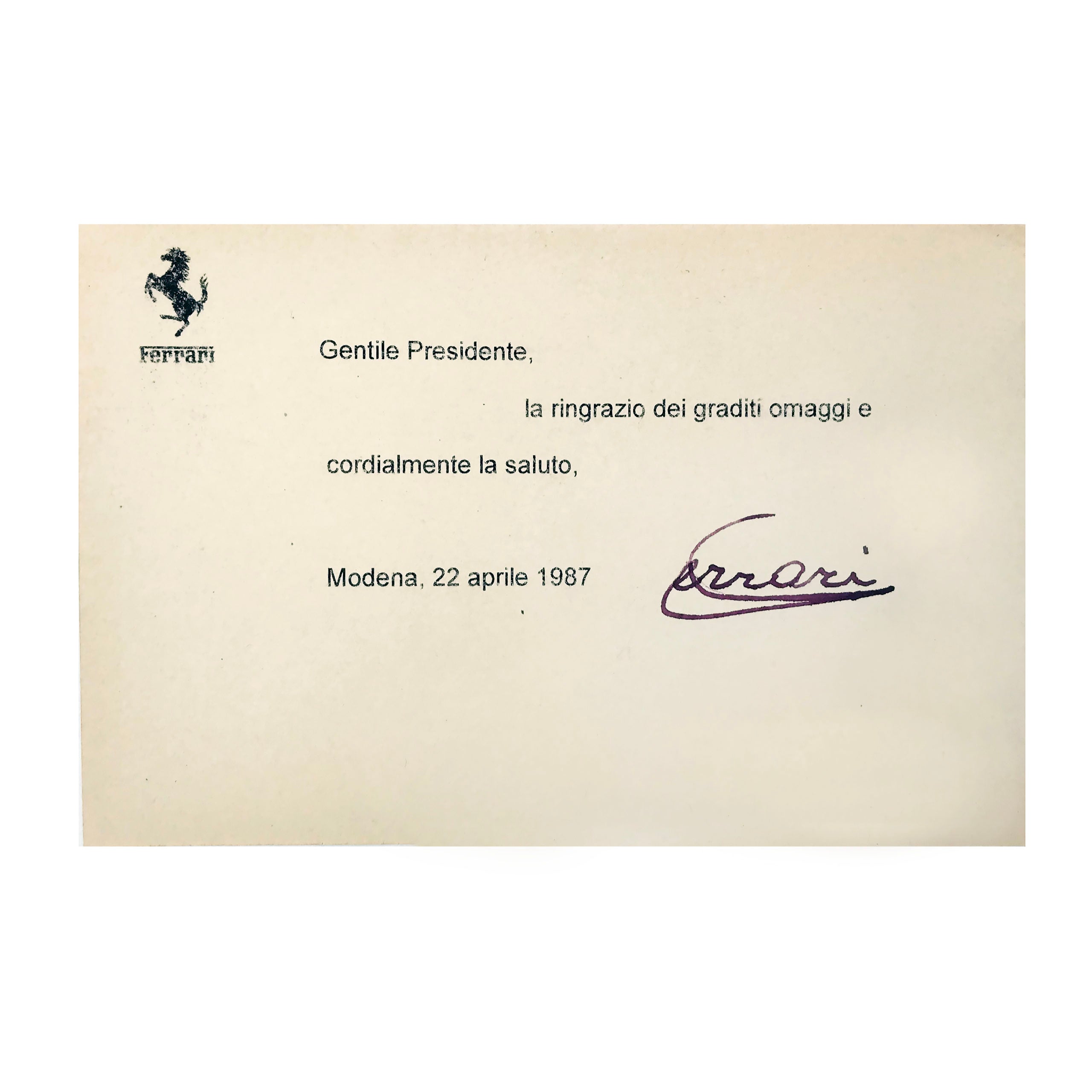 1987 Enzo Ferrari Signed Original Ferrari Factory Card